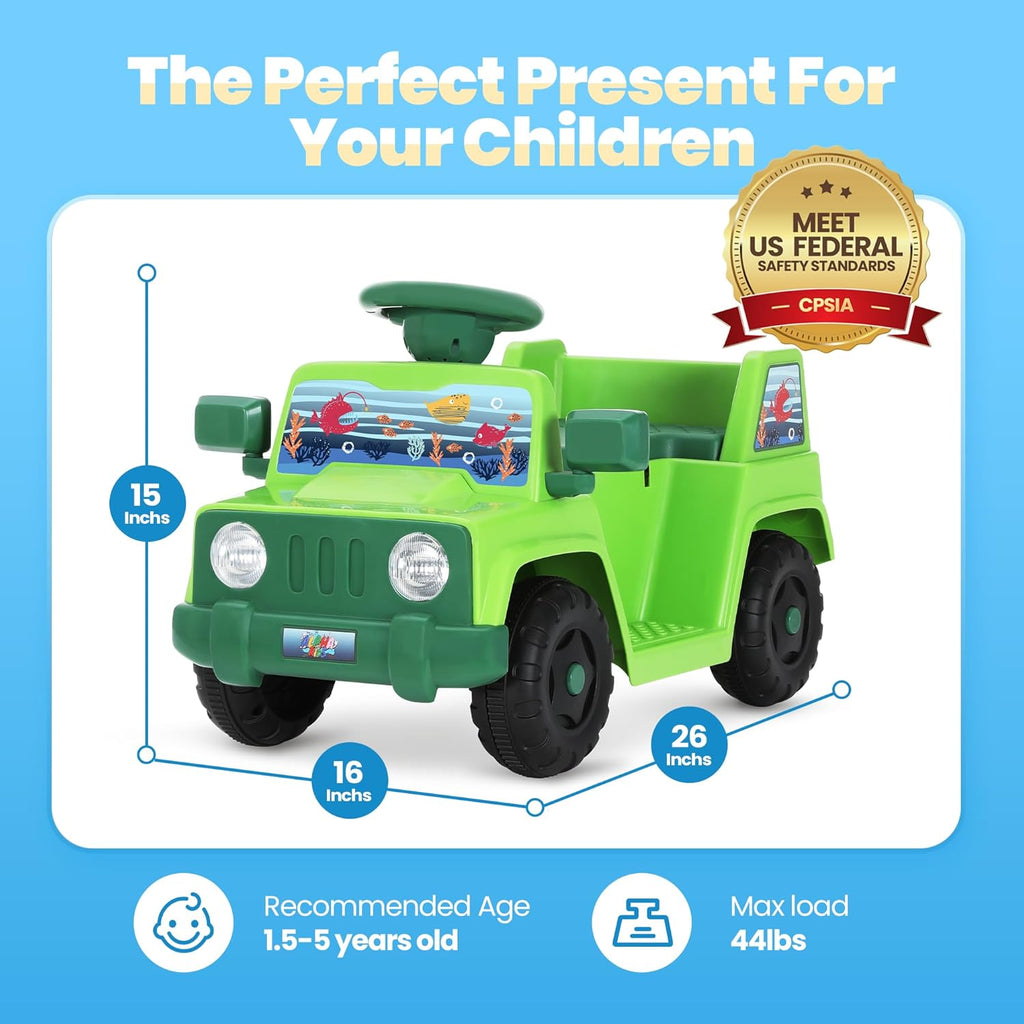 6V Toddler Ride On Car Interactive Electric Car with Horn LED Front Light Rear Storage Ocean Theme Perfect for Boys & Girls 18+ Months Safe & Fun for Little Explorers(Green Ocean)