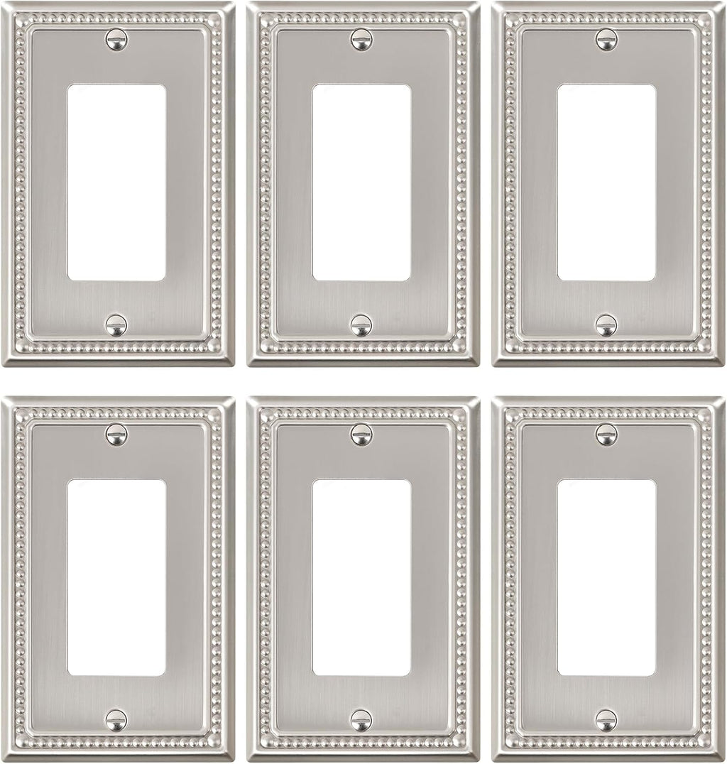 6-Pack Decorator Outlet Cover Plate, Decorative Switch Plates and Outlet Covers, Brushed Nickel Metal Wall Plates for Electrical Outlets, Receptacle, GFCI Outlet, Dimmer Switch