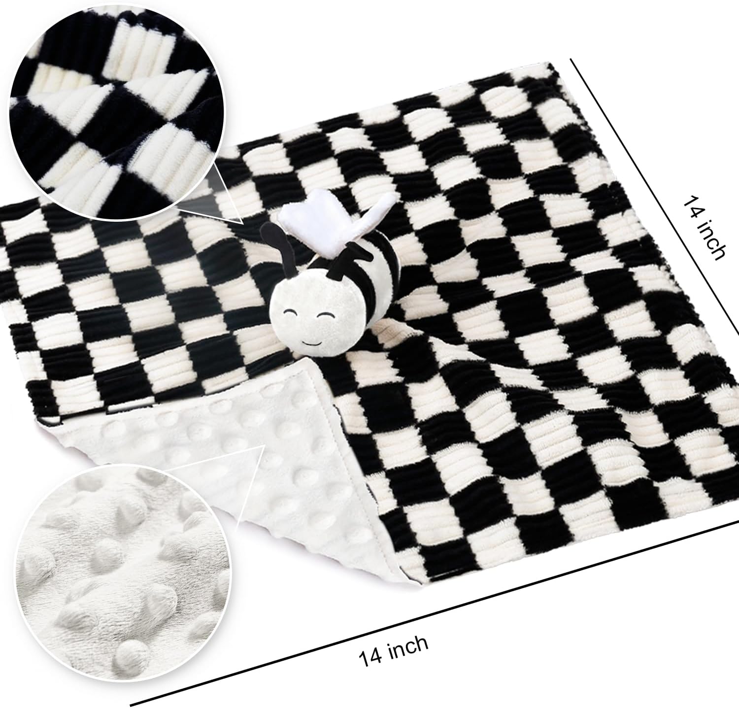 High Contrast Baby Security Blanket for Boys Girls 3D Soft Checkerboard Gingham with Minky Dot Fabric Backing Bee Snuggle Stuffed Animal Lovely Black 14 Inch
