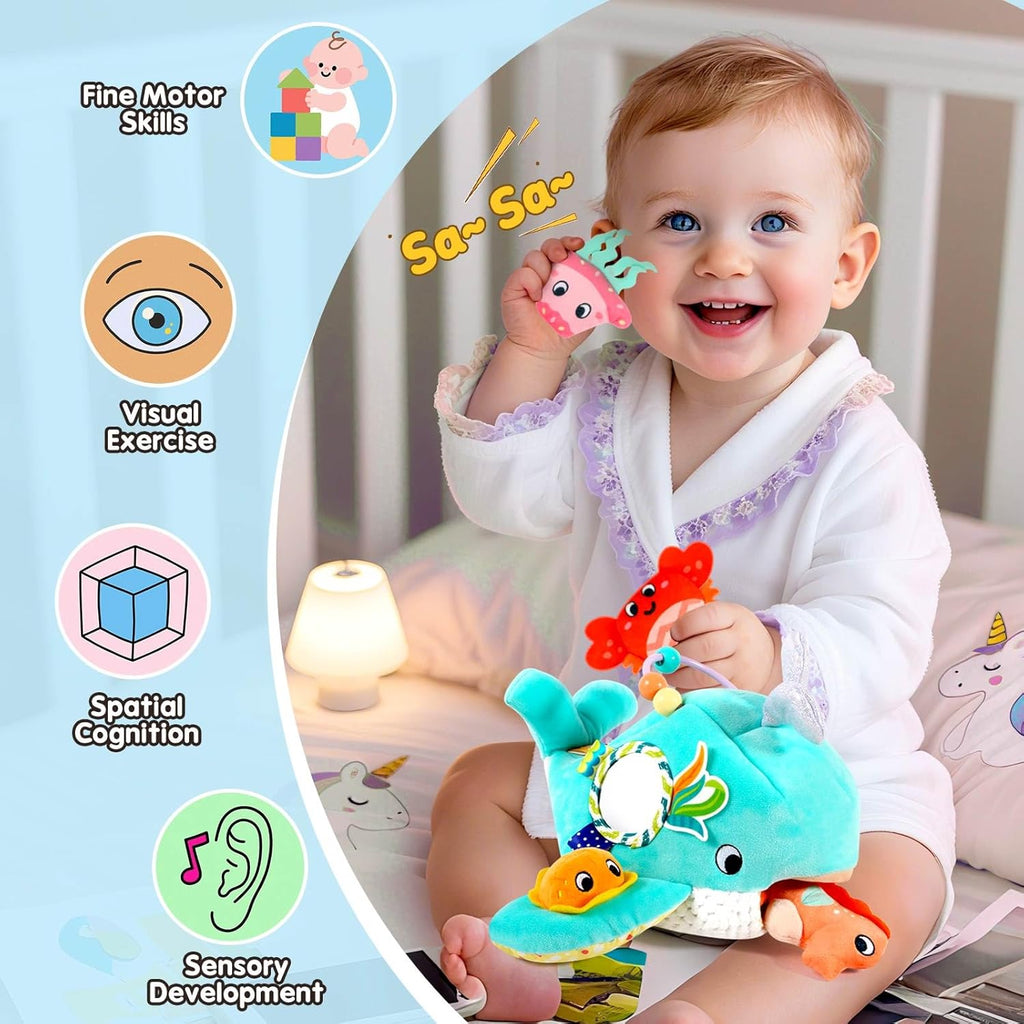Baby Toys 6-12 Months - Soft Ocean Adventure Toy with Rattle, Crinkle Paper, Squeaker, Mirror - Baby Sensory Toys for 6+ Month Old Developmental, Montessori Toys for 1 Year Old Boy Girl Gifts