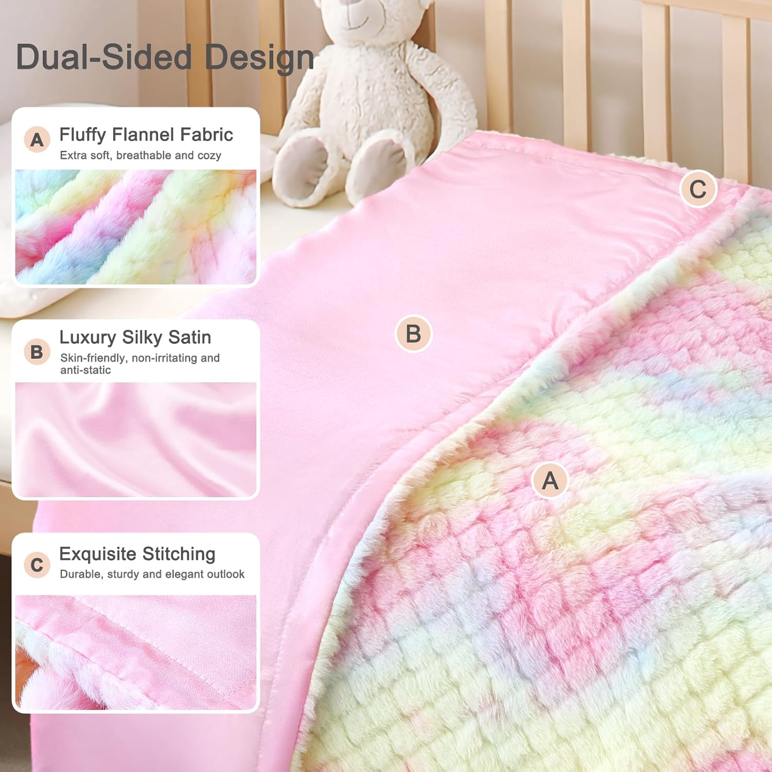 Baby Blanket for Girls Tie Dye Rainbow Fleece Fluffy Fuzzy Blanket with Soft Luxury Silk Silky Backing for Toddler Nursery Travel Home Decor 30 x 40 Inch