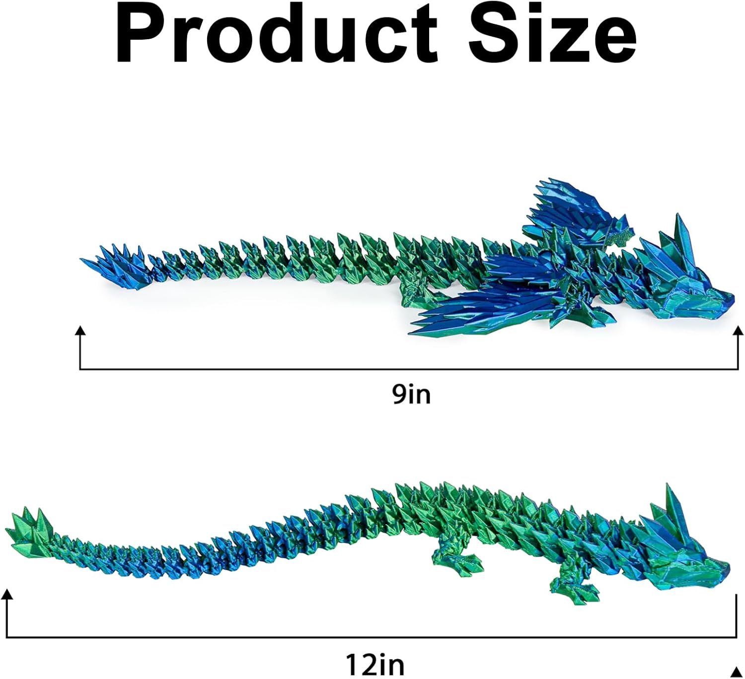 12“Crystal Dragon Without Wings & 9”Winged Articulated Dragon, 3D Printed Bulk Unique Funny Graduation Gifts for Kids, Executive Desk Fidget Toys Adults, Bath Pool Water Toys (Gradient Blue-Green)