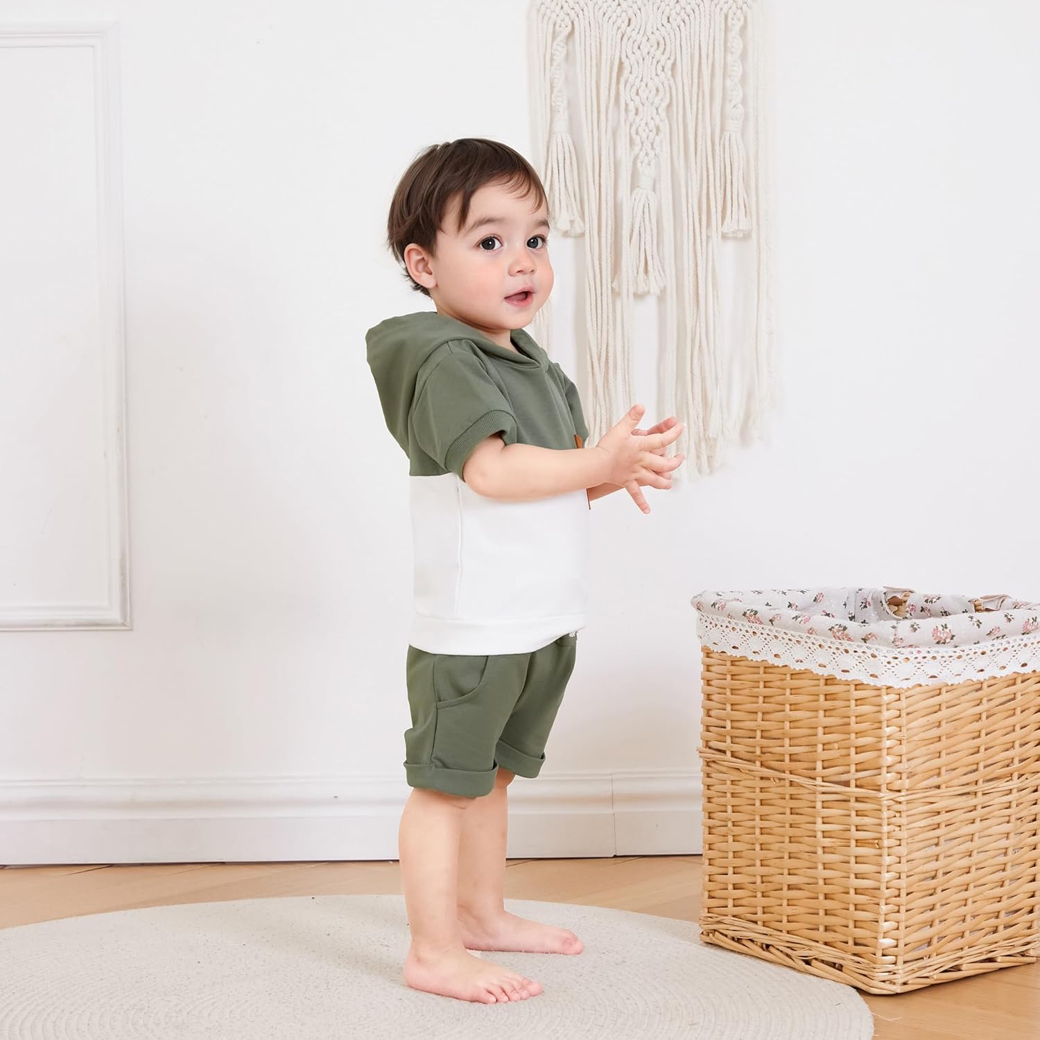 Toddler Baby Boy Summer Hooded Outfit Contrast Color Short Sleeve T Shirt Top Elastic Shorts Summer Clothes Set