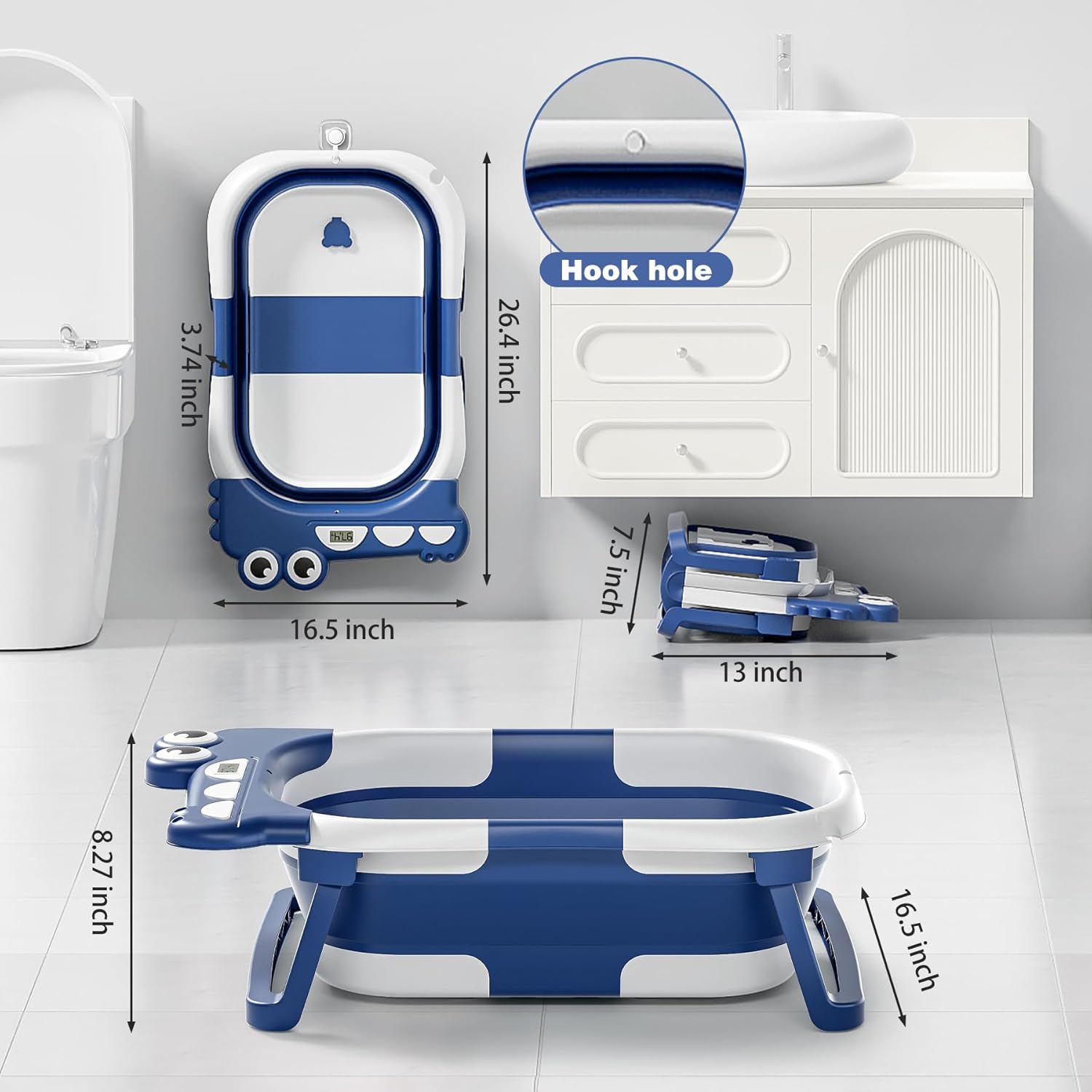 Collapsible Baby Bathtub for Newborn, Foldable Baby Bath Tub with Thermometer & Soft Floating Cushion & Drain Hole, Portable Travel Infant Bath Tubs for Newborns to Toddlers 0-36 Months Boy,NavyBlue