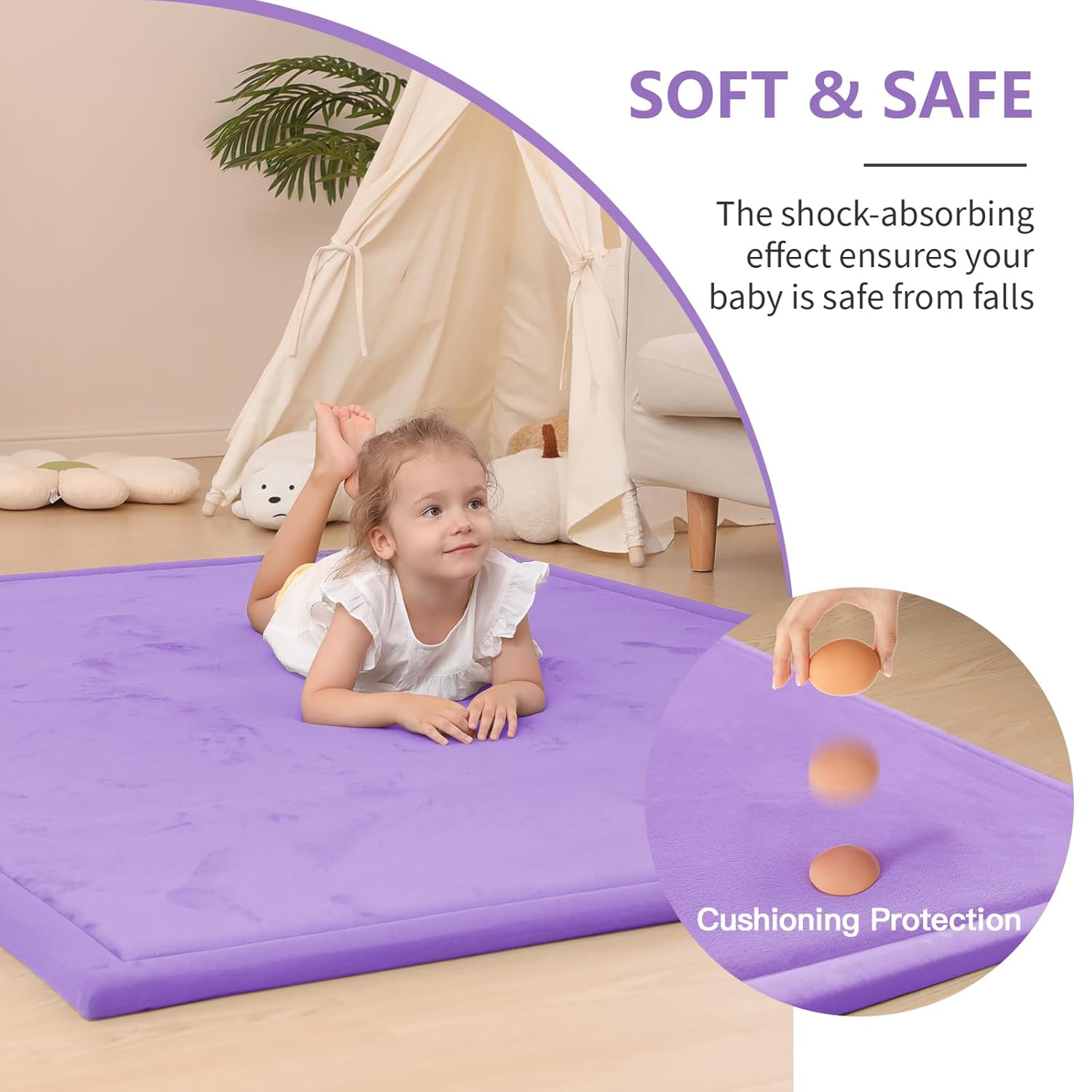 Baby Play Mat for Floor,1.3" Thick Elasti-Foam 50x50 Playpen Mat for Toddlers Infant Kids,Water-Repellent Soft Coral Velvet for Tummy Time,Non-Slip Backing for Crawling,Tatami Style(Lavender)