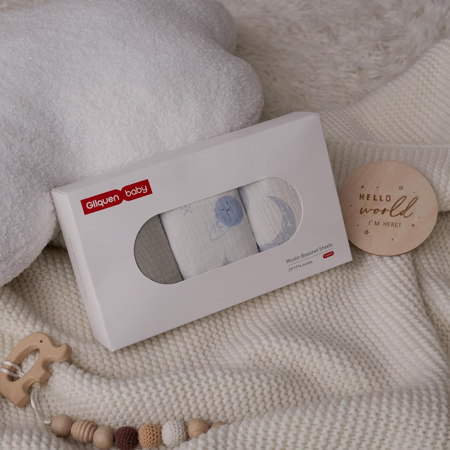 Gllquen Baby Muslin Bassinet Sheets 3 Pack, Breathable Elastic Cozy Fitted Cotton Bassinet Mattress Sheet for Baby Boy Girls, Fit for Hourglass Oval Rectangular Cradle Pad Sheets 33"x17" (Space)