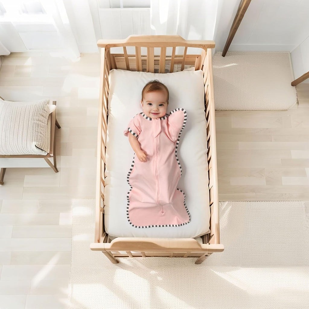 Transition Swaddle, 2 Pack 100% Cotton Baby Sleep Sack, 2-Way Zipper Infant Arm Up Swaddle for Newborn Baby Boys Girls (Pink + Beige, L(6-9 Months))