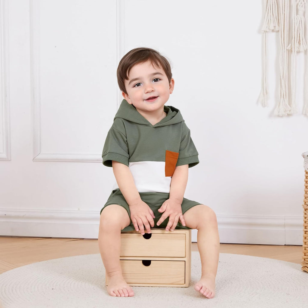 Toddler Baby Boy Summer Hooded Outfit Contrast Color Short Sleeve T Shirt Top Elastic Shorts Summer Clothes Set