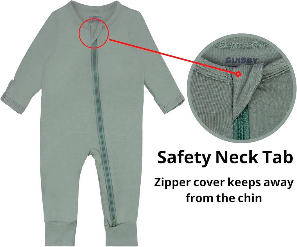 GUISBY Baby Pajamas with Mitten Cuffs - 3Pcs Girls Boys 2 Way Zipper Long Sleeve Rayon Sleepers