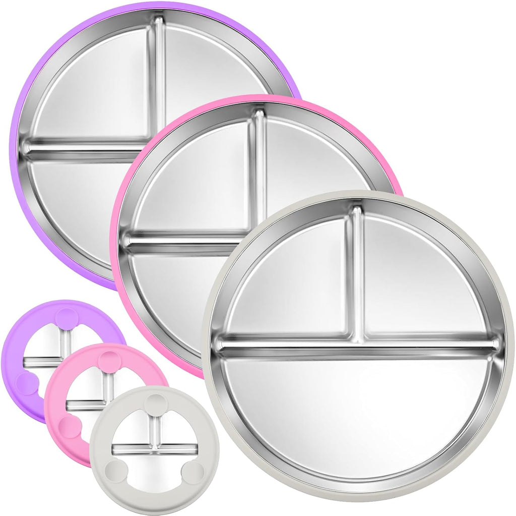 3-Pack Stainless Steel Baby Plates with Suction, BPA-Free Stainless Steel Kids Plates, 9" Divided Toddler Plate for Dishwasher Safe, Non-Slip Silicone Base, Detachable (Pink, Gray, Purple)
