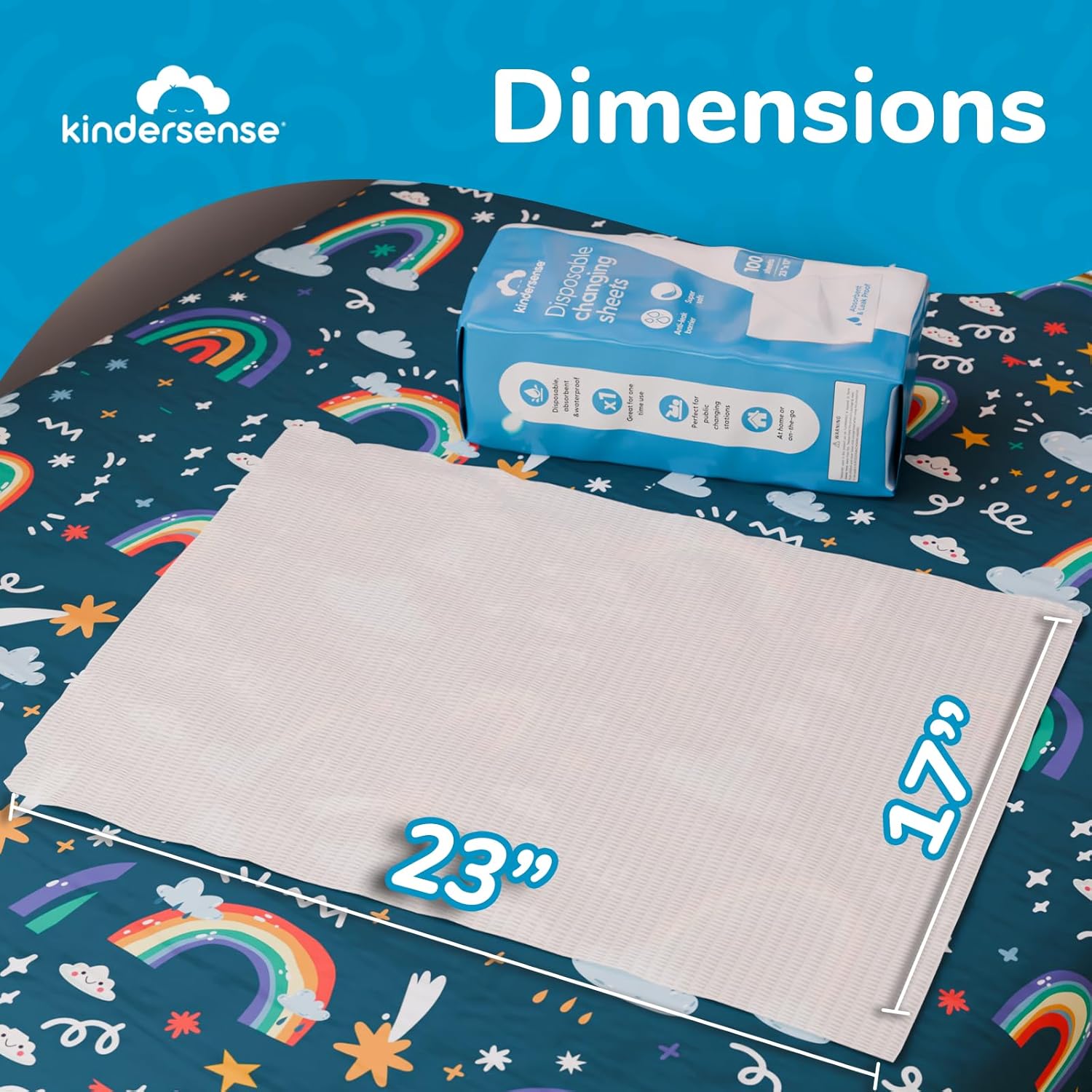 KinderSense® Disposable Changing Pads for Baby Diaper (100 Sheets) | Portable Changing Pad Liners (23" x 17.5") | Paper Top Layer - Waterproof Bottom Layer | Leak Proof Infant Changing Mat