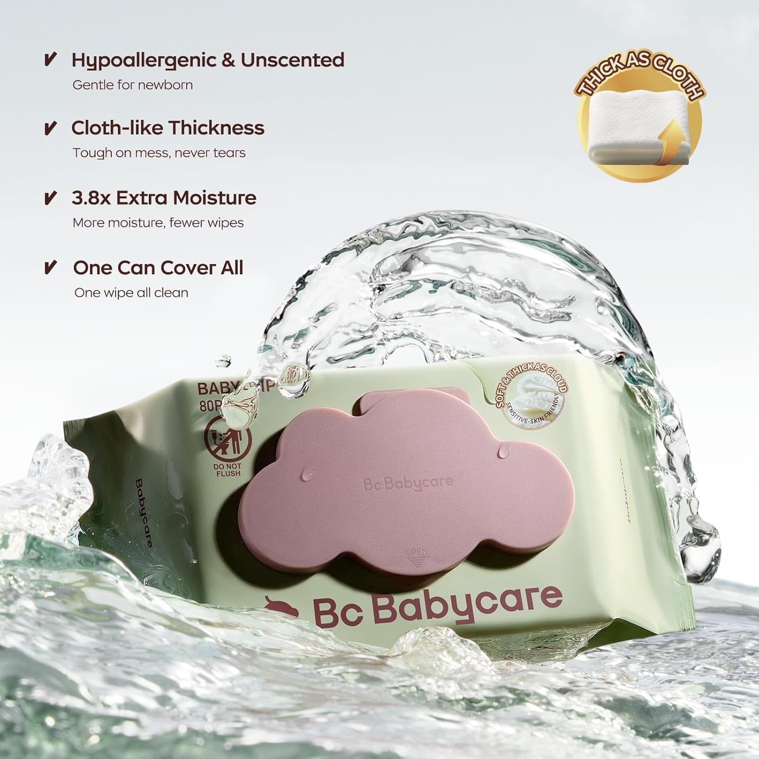 Bc Babycare Cloud Moist Wet Baby Wipes, Thick & XL, 99% Water, Ultra-Hydrating, Unscented, Hypoallergenic for Sensitive Skin, Biodegradable, 6 Flip-Top, 480 Count