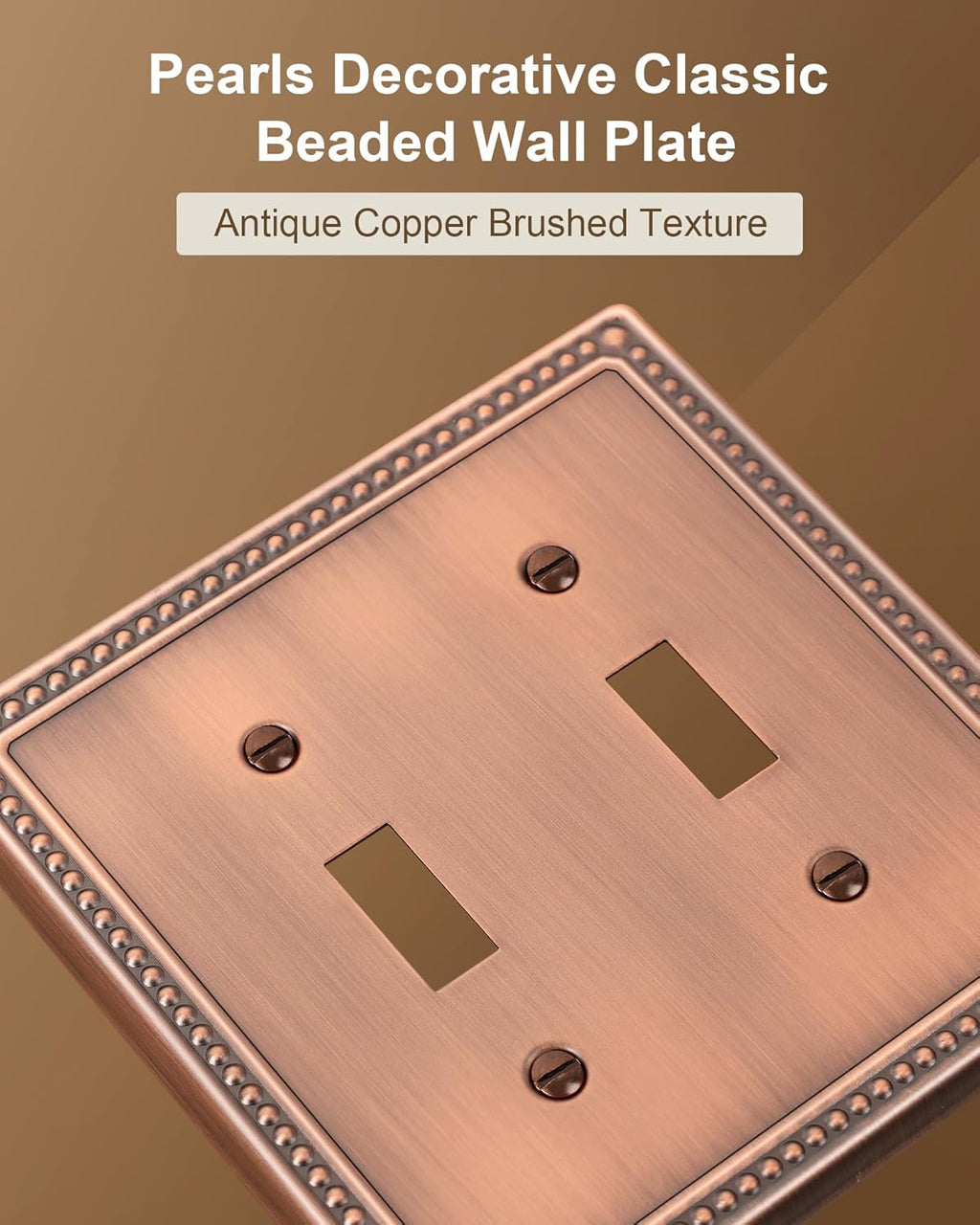 2-Pack Double Toggle Light Switch Cover Plate, Pearls Decorative Dual Switch Plate Covers, Antique Copper 2 Gang Metal Wall Plate, Corrosion Resistant
