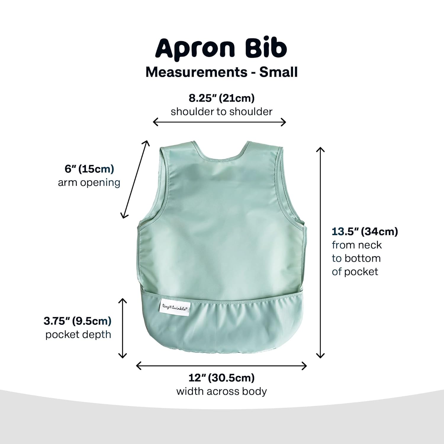 Tiny Twinkle Mess Proof Baby Bib - Waterproof & Lightweight Baby-Led Weaning Apron | 100% Recycled Polyester, Easy Clean & Machine Washable (Sage Green, Small 6-24 Months)