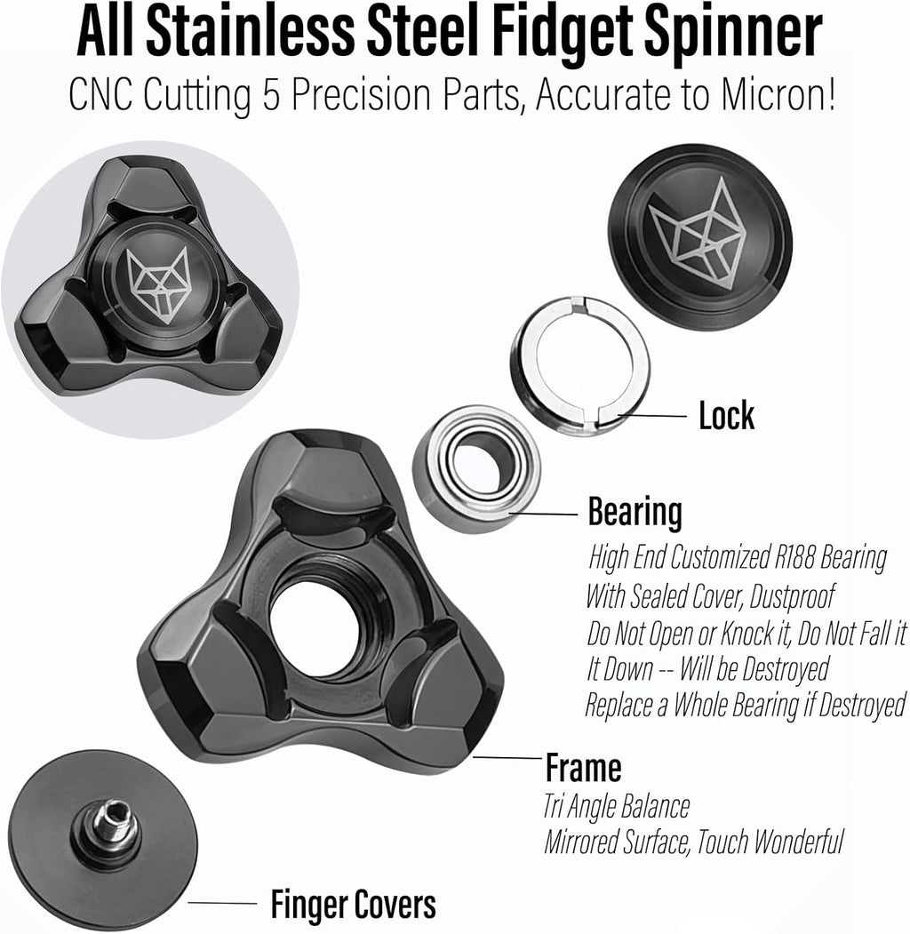 FREELOVE Metal Fidget Spinner, Stainless Steel Heavy, Long Spinning Toys, Cool Silent, Small Mini Fox Figette Spiner for Adults Men Anxiety, Quiet Bearing, Black