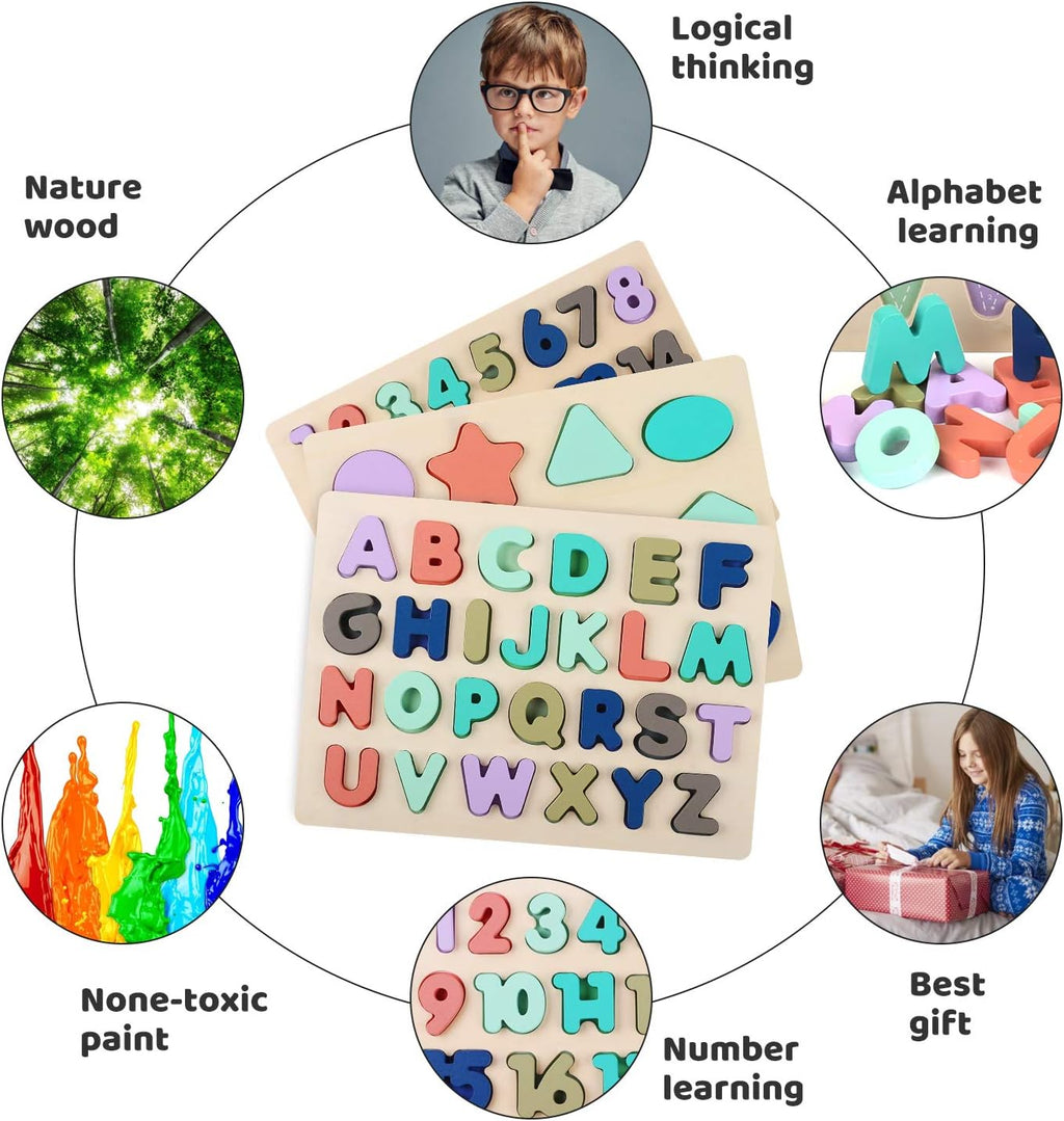 Wooden Puzzles for Toddlers, Voamuw Wooden Alphabet Number Shape Puzzle Toddler Education Learning Toys for Kids Ages 3 4 5 Years Old (Set of 3)