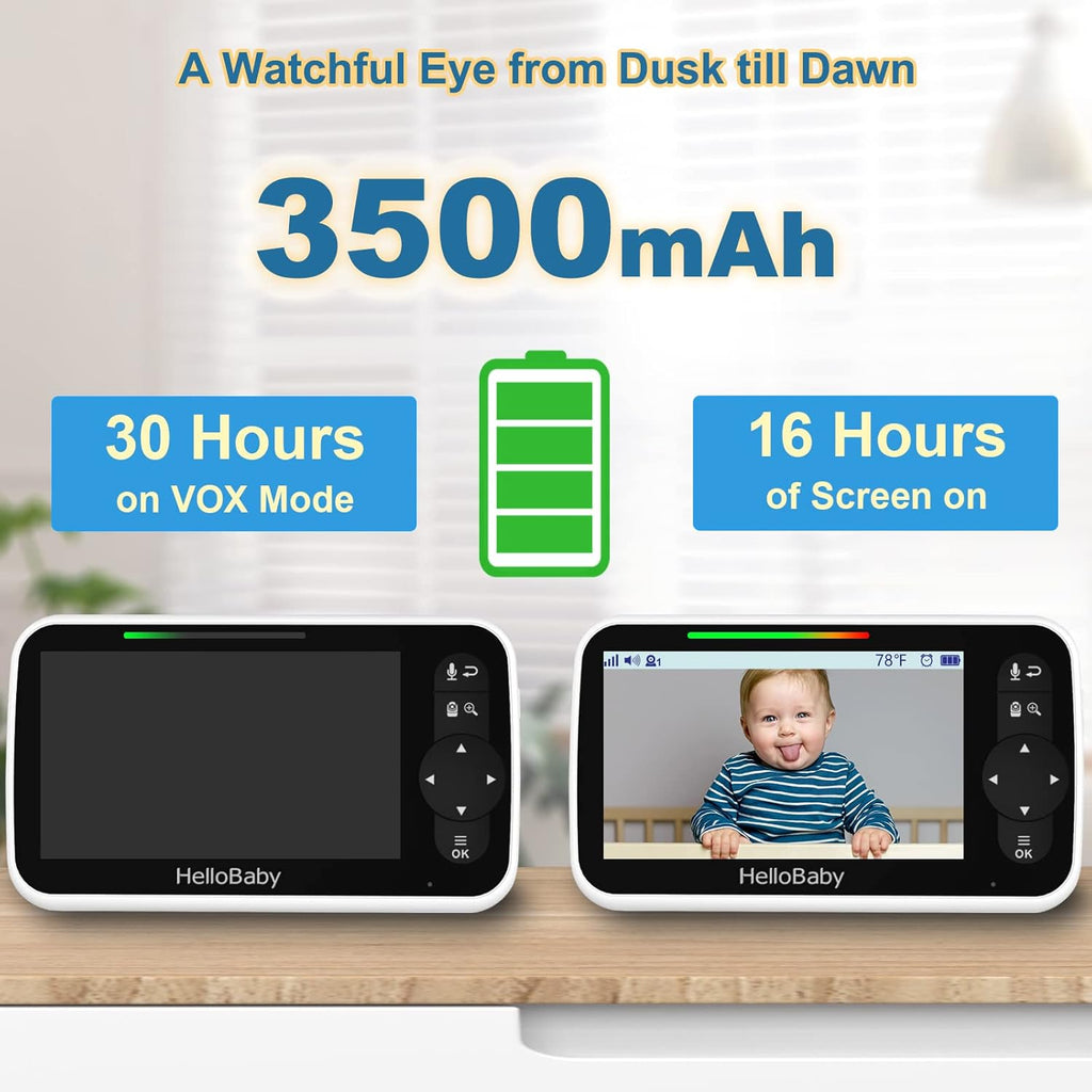 HelloBaby 5 Inch Video Baby Monitor with Camera and Audio, Remote Pan-Tilt-Zoom Camera with Night Vision, 2-Way Talk, Temperature, 8 Lullabies and 1000ft Range Baby Monitor No WiFi Needed