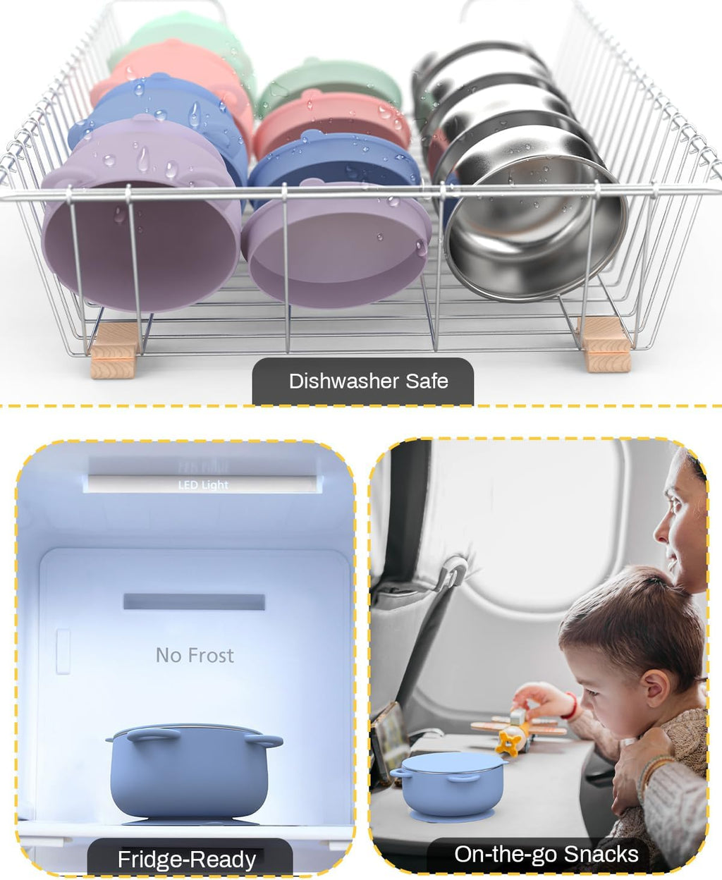 Baby Suction Bowls with Lids 4-Pack, 2-in-1 Stainless Steel 304 Toddler Bowl & Removable Silicone Suction Kids Bowl Plate Set Non Toxic Snack Dishes for Self-Feeding, Unicorn Magic Set