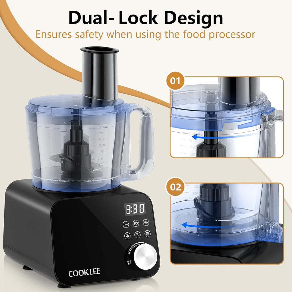 COOKLEE Food Processor, 600 Watts, 6 Functions Electric Food Chopper for Chopping, Mincing, Dicing, Shredding, Slicing, Purees & Dough with 12cup Processor Bowl, Food Chute & Pusher, Black