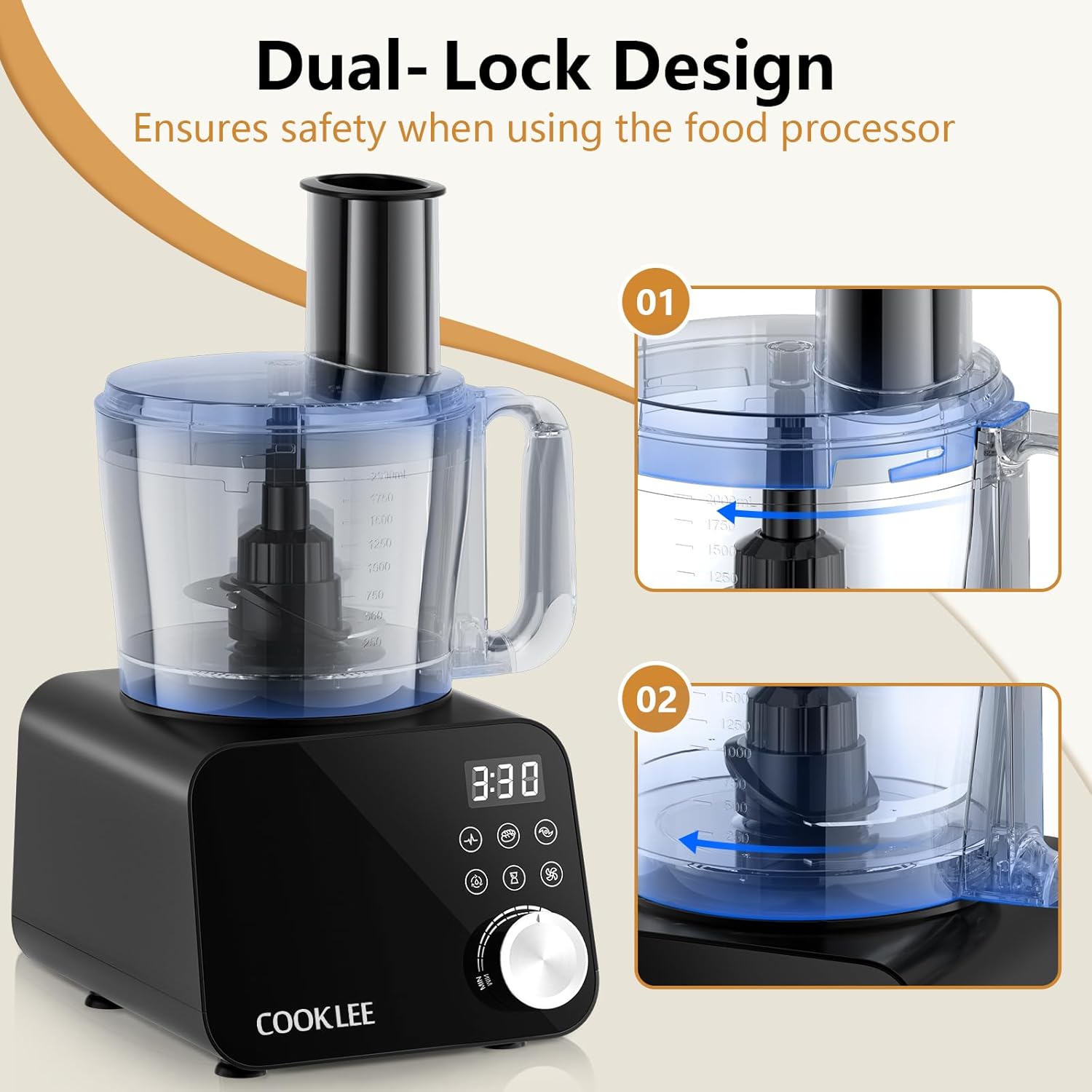 COOKLEE Food Processor, 600 Watts, 6 Functions Electric Food Chopper for Chopping, Mincing, Dicing, Shredding, Slicing, Purees & Dough with 12cup Processor Bowl, Food Chute & Pusher, Black