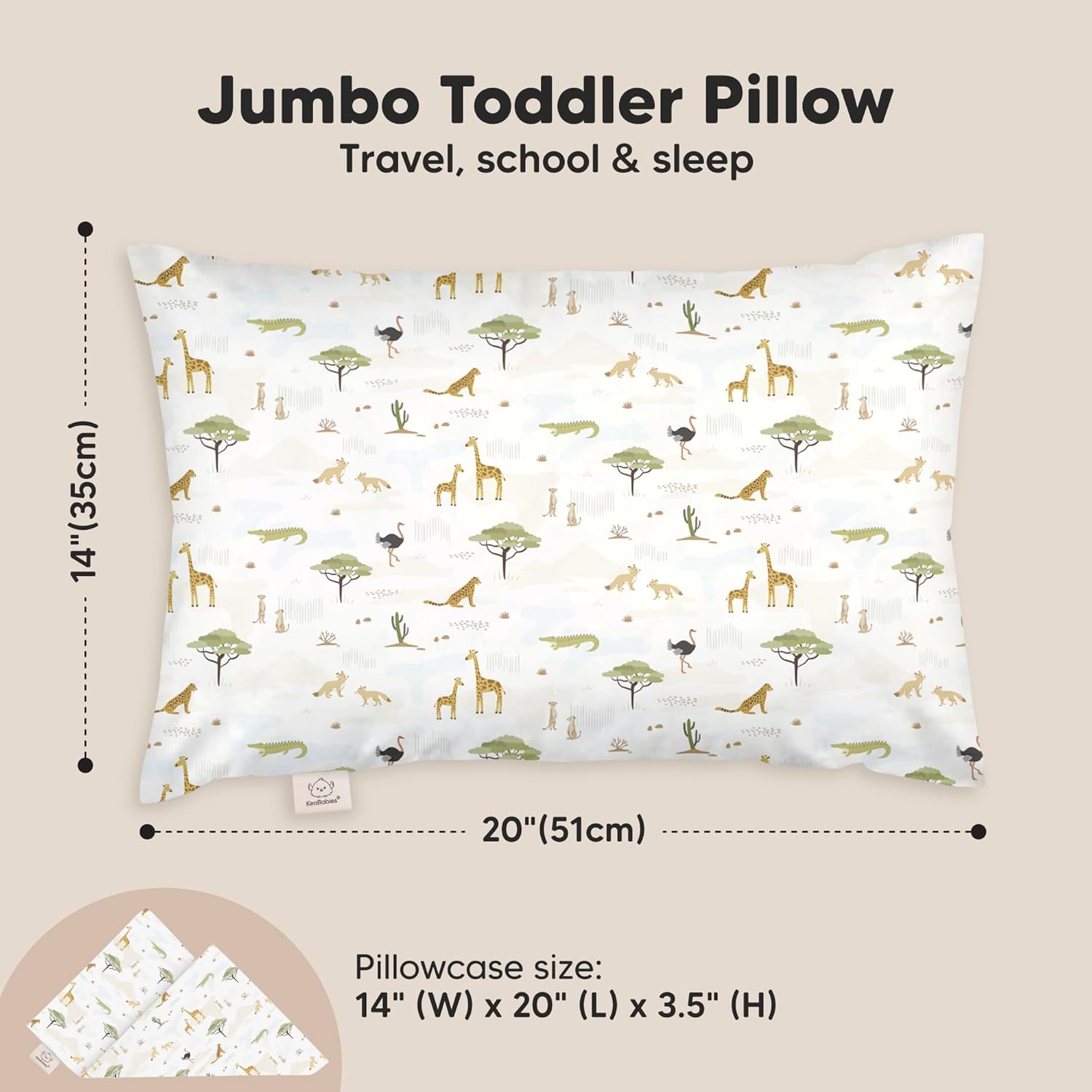 KeaBabies Toddler Pillow with Pillowcase, Jumbo 14X20 - Soft Organic Cotton Toddler Pillows for Sleeping - Machine Washable - Perfect for Travel, Toddler Bed Set (Grasslands)
