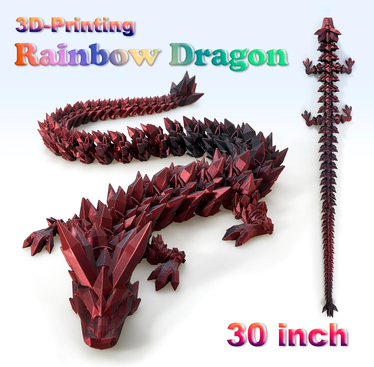 Large 30" 3D Printed Dragon,Articulated Crystal Dragon,3D Dragon Toy,Dragon Collection, Executive Desk Decor (Black-Red)