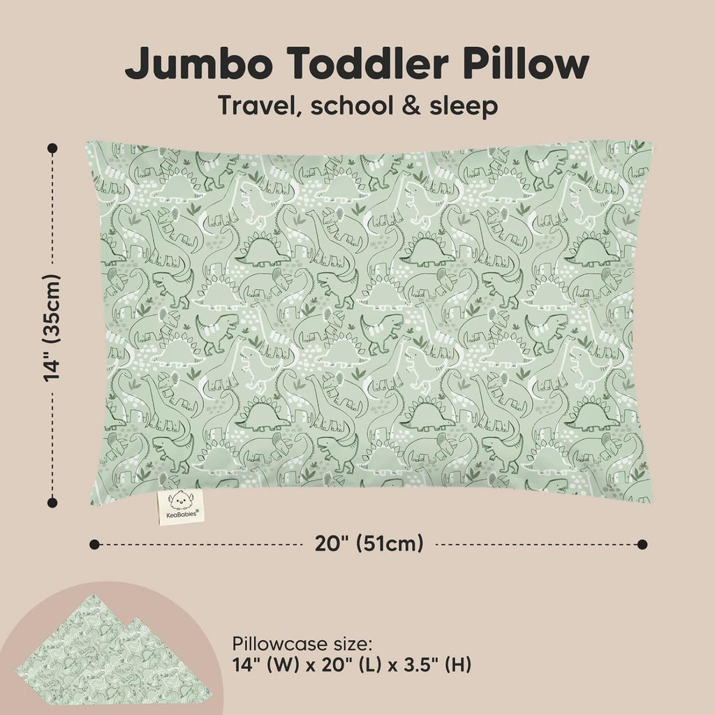 KeaBabies Toddler Pillow with Pillowcase, Jumbo 14X20 - Soft Organic Cotton Toddler Pillows for Sleeping - Machine Washable - Perfect for Travel, Toddler Bed Set (DinoDood)