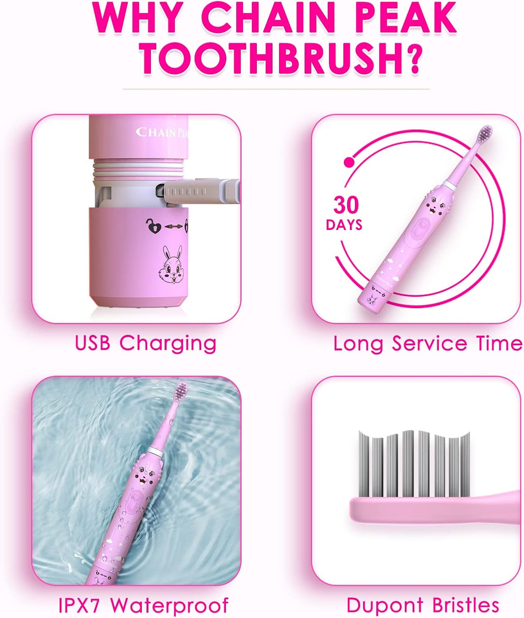 Kids Sonic Electric Toothbrush, Rechargeable Smart Toothbrush for Children, Toothbrush for Toddlers Boys Girls Age 3-12 with 30s Reminder, 2 Mins Timer, 6 Modes, 6 Brush Heads