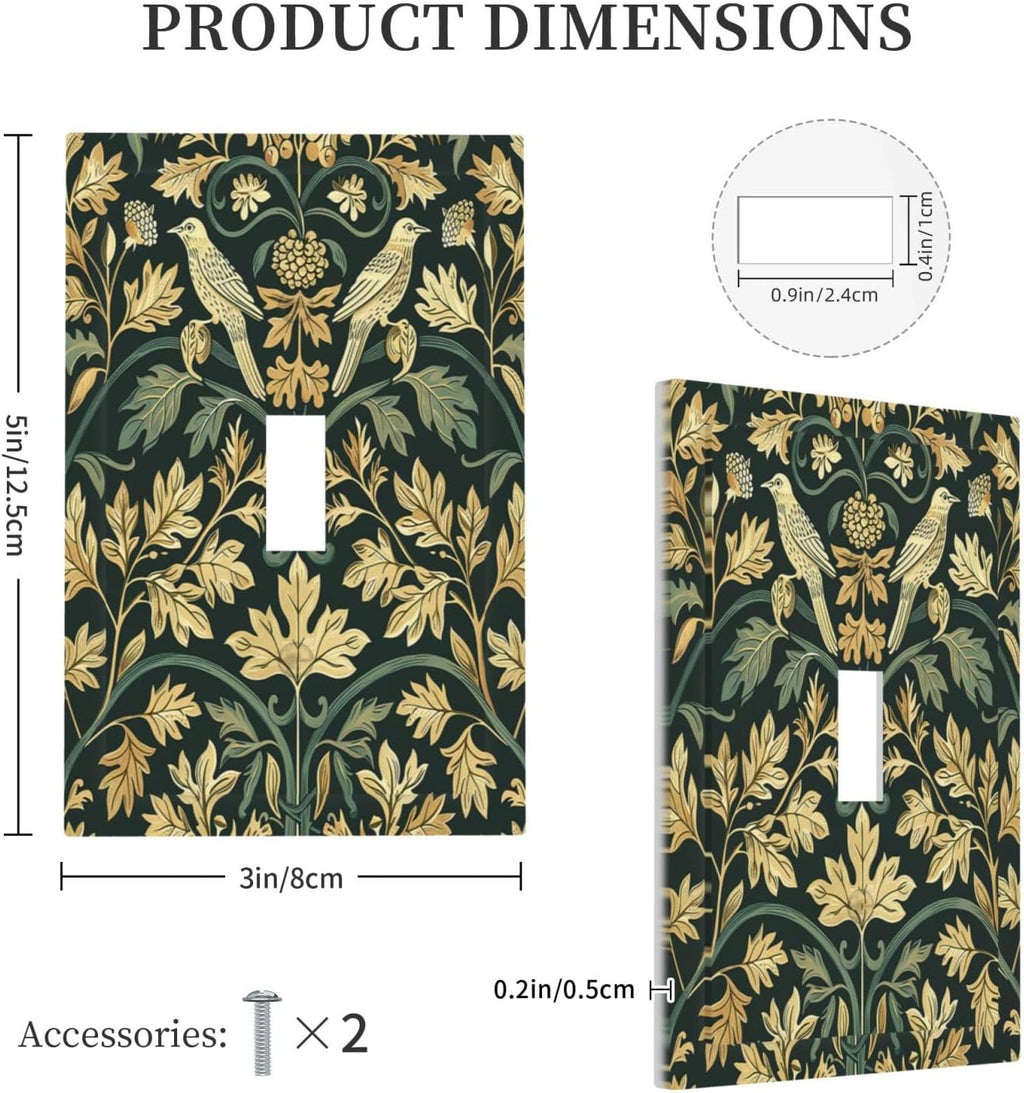 Decorative Light Switch Cover William Morris Vintage Botanical Birds Golden Green Leaves 1 Gang Single Toggle Device Electrical Faceplate Switchplates Decorator Outlet Wall Plate for Bedroom