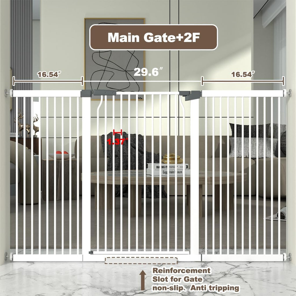41" Extra Tall and Wide Baby Gate, 63-65.7'' Wide Pet Cat Gate for Doorway, Extra Wide Pressure Mounted Child Door with Expansion Kit, Metal Safe Gate, Tall Dog Gate, White