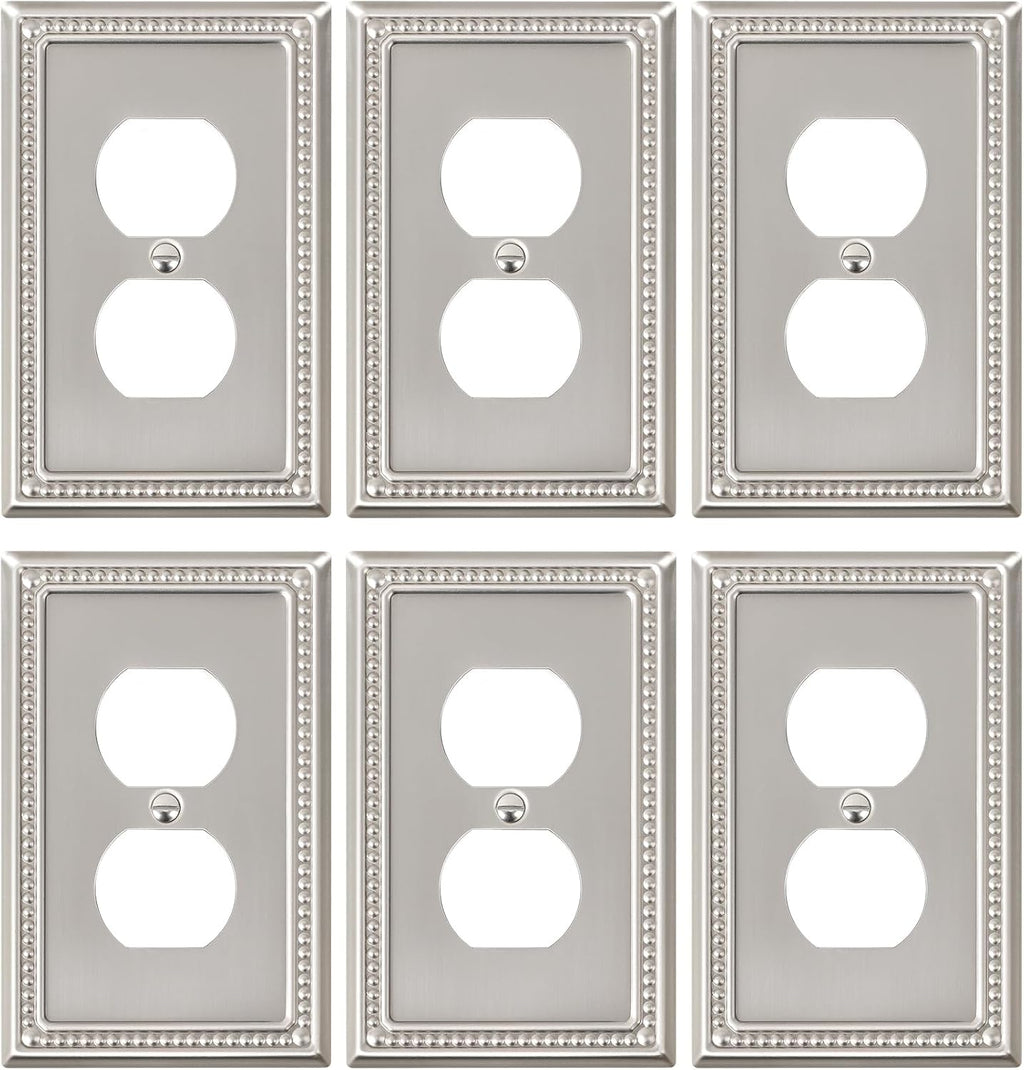 6-Pack Duplex Outlet Cover Plate, Metal Wall Plates for Electrical Outlets, Brushed Nickel 1 Gang Receptacle Cover, Pearls Decorative Switch Plates and Outlet Covers