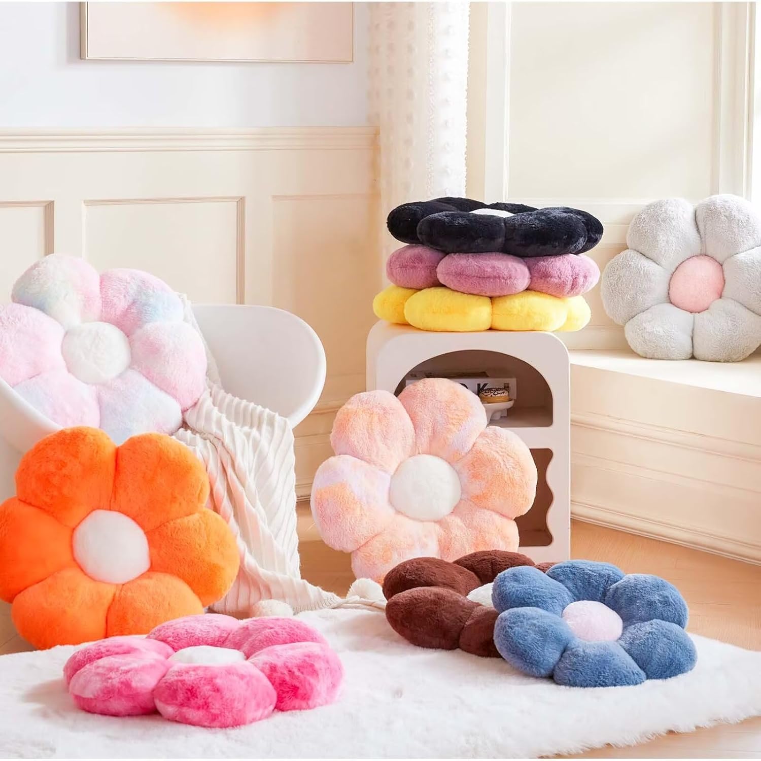 Rainbow Pink Flower Pillow, Cute Decorative Flower Shaped Throw Pillow with Faux Rabbit Fur, 14.9" Soft Flower Plush Throw Pillow Floor Pillows Room Décor for Bedroom Living Room