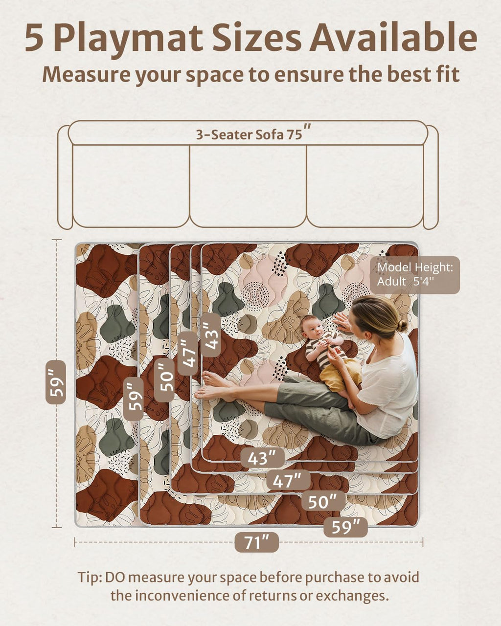 Blissful Diary Portable Baby Play Mats for Floor, Thicken Cushioned Foldable Baby Crawling Mat for Indoor Outdoor, Non-Slip & Washable Kids Playmat for Tummy Time Activity, Boho 43" X 43"