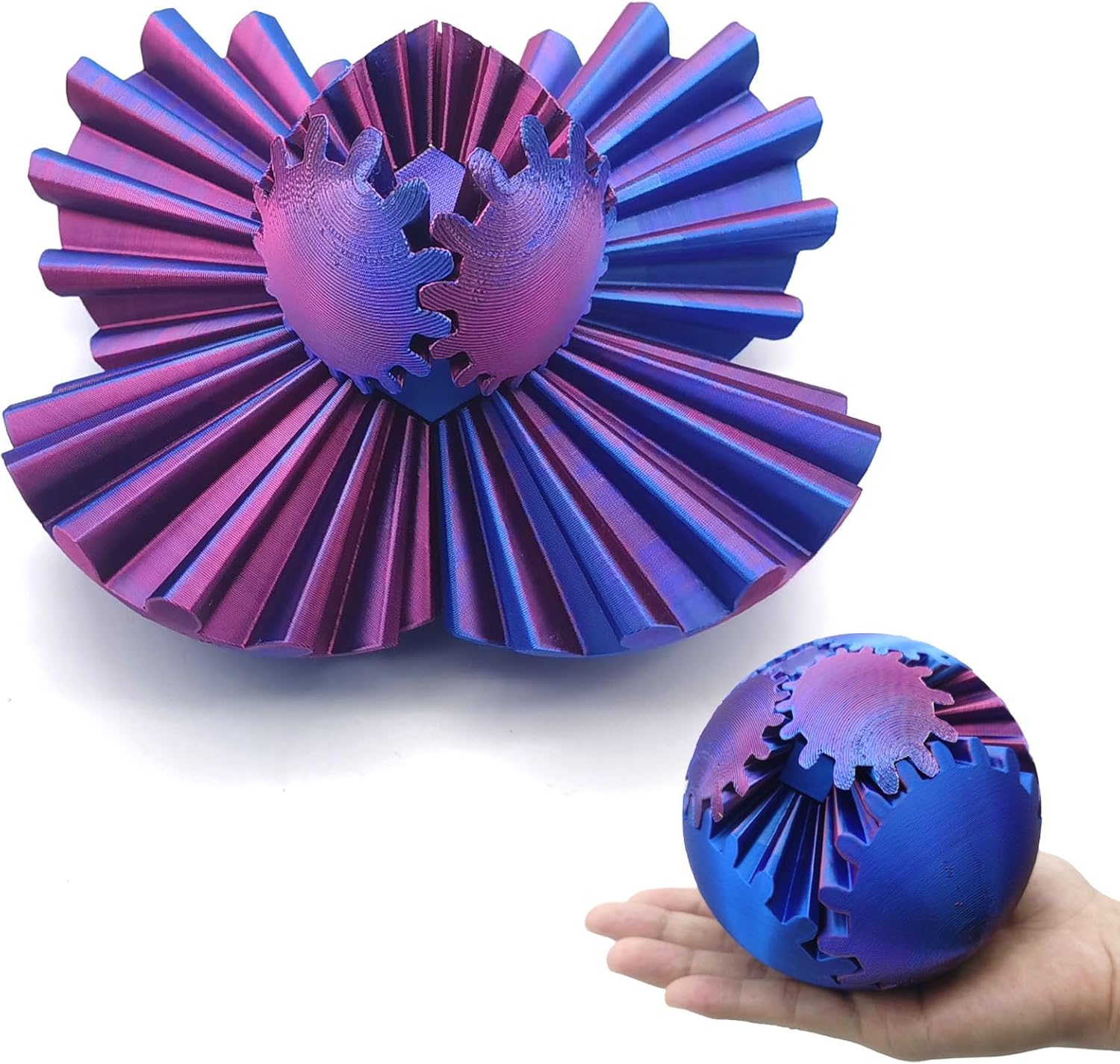 3D Printed Gear Ball Spin Ball, 4inch Large Gear Ball Fidget Toy, Gear Sphere Cube Puzzle, Gearball Fidget Desk Toy, Gearsphere Steampunk Whirling Wonder Fidget Stress Ball (Red Blue)