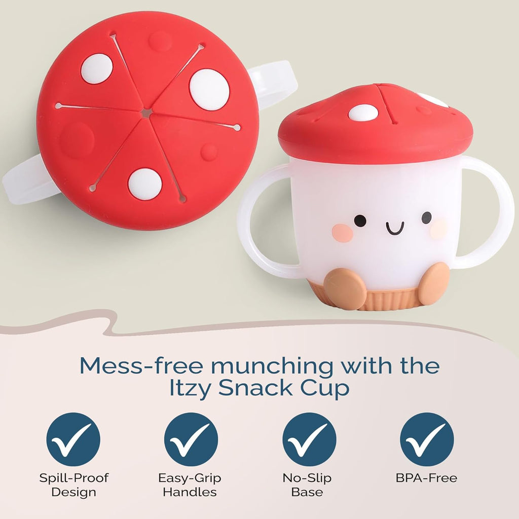 Itzy Ritzy Toddler Snack Cup - Spill-Proof Snack Cup for Toddlers with Soft Silicone Lid for Easy Food Access - Easy-To-Hold Kids Snacks Container With Handles - Ideal for 12 months & Up (Mushroom)