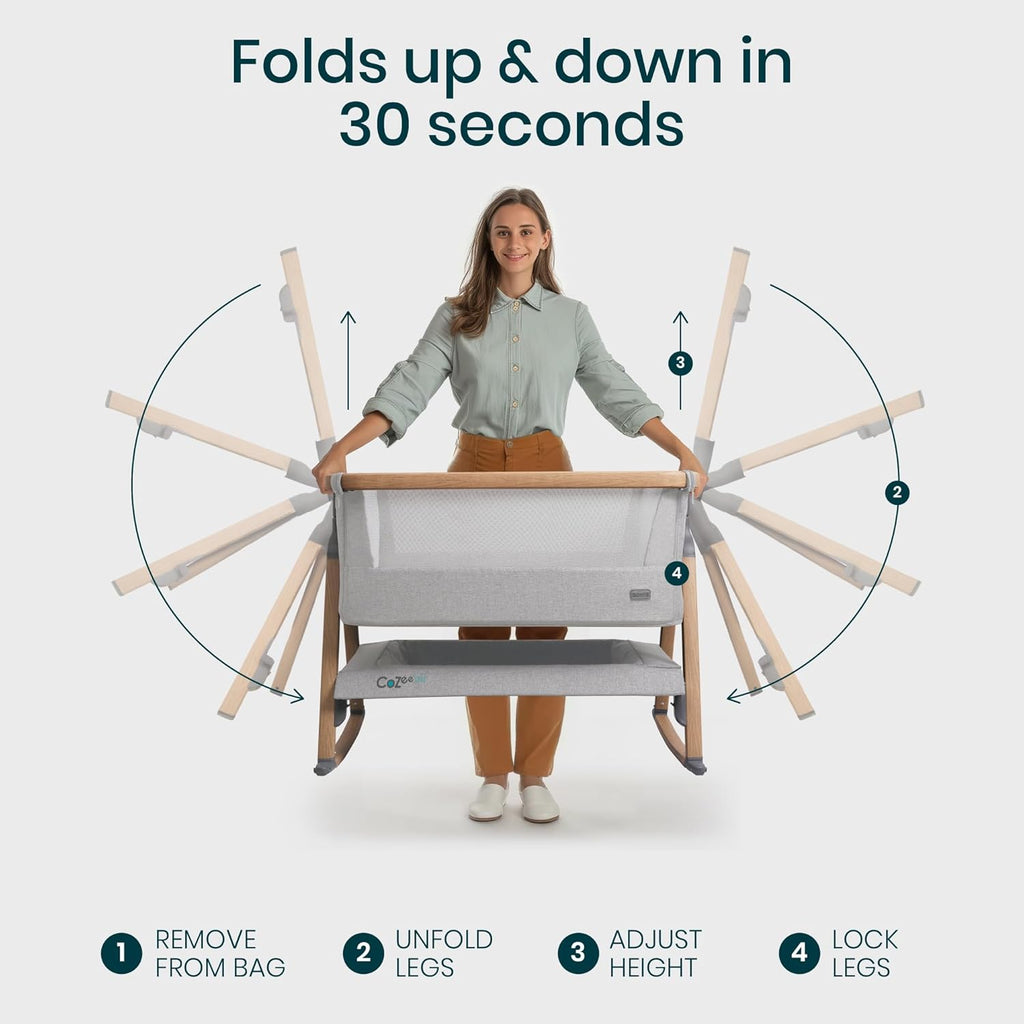 CoZee® Air Baby Bassinet & Bedside Sleeper - Rocking Bassinet for Baby, Fast-Folding with Travel Bag, Deluxe Airflow Mattress & 6 Mattress Heights, 0-6 Months (Silver & Oak)