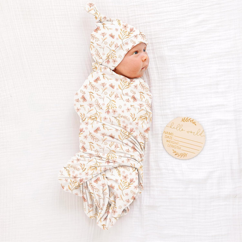 Konssy Baby Girl Newborn Receiving Blanket with Matching Headband and Beanie Set Baby Swaddle Nursery Swaddle Wrap