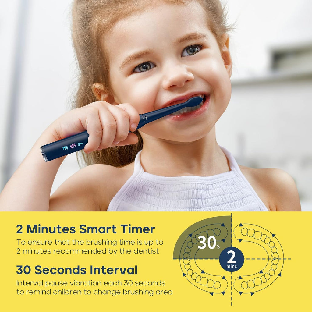 SEAGO Kids Electric Toothbrush, Rechargeable Sonic Soft Bristle Toothbrushes with 8 Brush Heads, DIY Stickers and 5 Modes, Ideal for Kids and Children, Ages 3–12，SG2303(Navy)