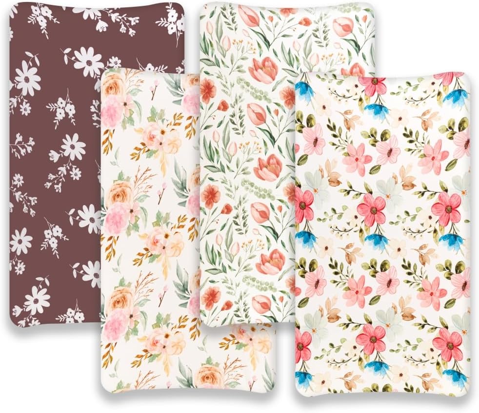4 Pack Baby Girl Changing Pad Covers Sheets Set Soft Fitted Floral or Elephant Theme Baby Girl Mattress Covers Breathable Toddler Bed Sheets for Infant or Newborn Girls (Flower, Changing Pad Covers)