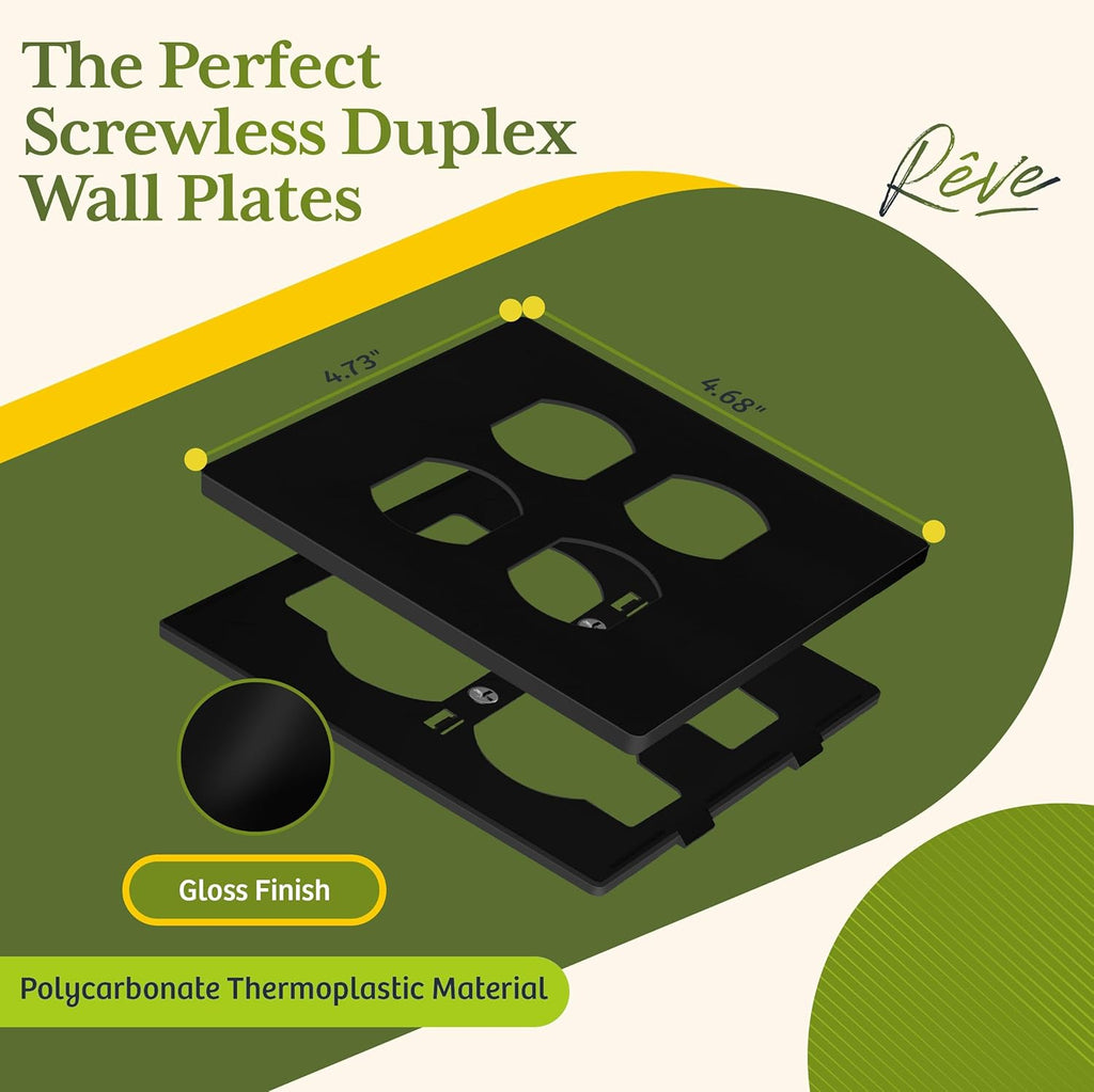 TG Screwless Duplex Wall Plate, Child Safe Double Receptacle Outlet Cover, Standard Size, 2-Gang 4.68" x 4.73", Unbreakable Polycarbonate Thermoplastic, UL Listed, SP-S2-BK, Glossy, Black