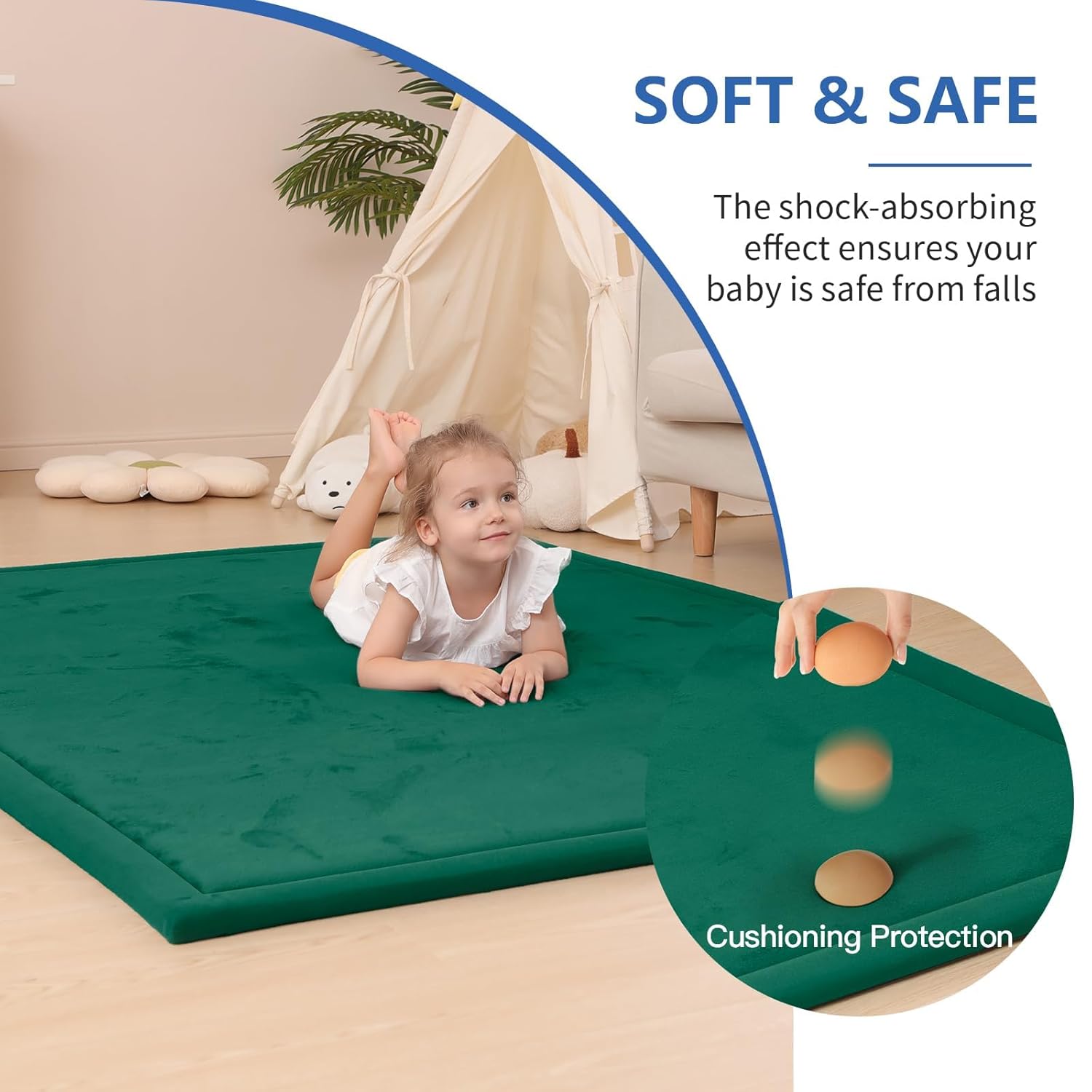 Baby Play Mat for Floor,1.3" Thick Elasti-Foam 74×50 Playpen Mat for Toddlers Infant kids,Water-Repellent Soft Coral Velvet for Tummy Time, Non-Slip Backing for Crawling,Tatami Style(Dark Green)