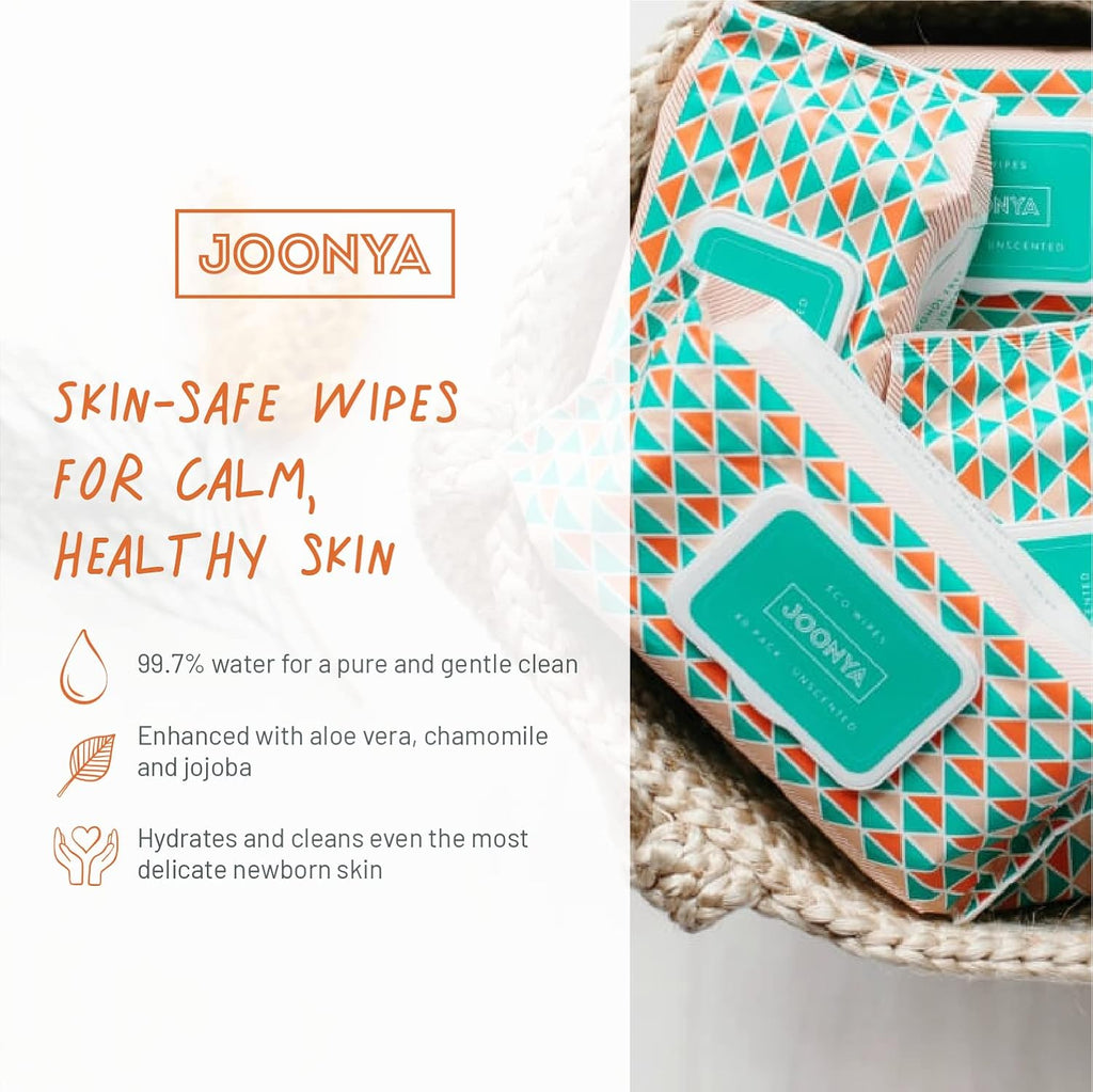JOONYA Unscented Baby Wipes — Plant-Based, Fragrance-Free Diaper Wipes | Hypoallergenic, Non-Toxic, Compostable & Biodegradable Wet Wipes for Sensitive Newborn Skin | 3 Packs of 80 Wipes (240 Total)