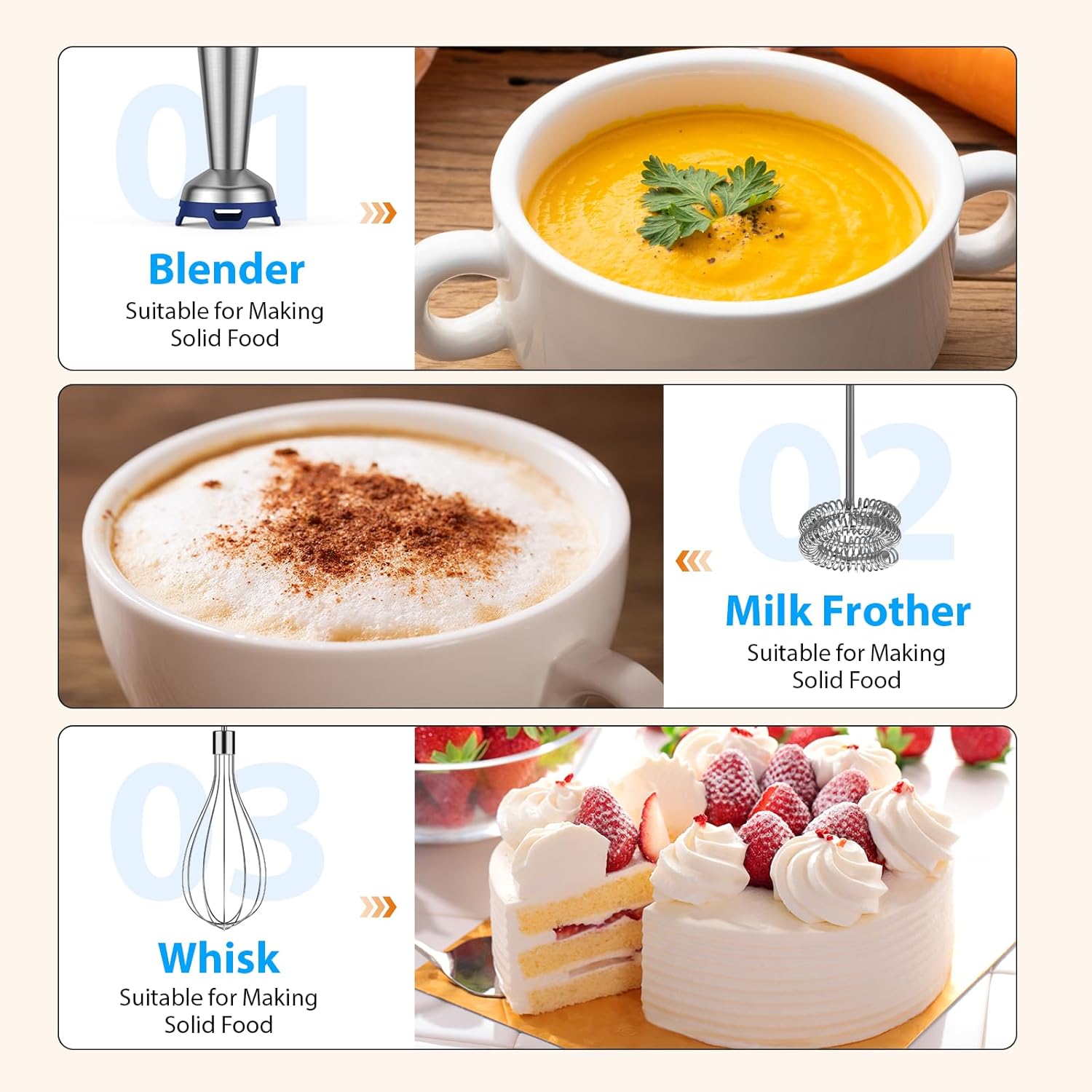 KOIOS Immersion Blender, 1000W Anti-scratch 3-in-1 Hand Blender, Upgraded 12 Speed Stainless Steel Blade Stick Blender with Turbo Mode, Whisk and Milk Frother, Non-BPA, Blue