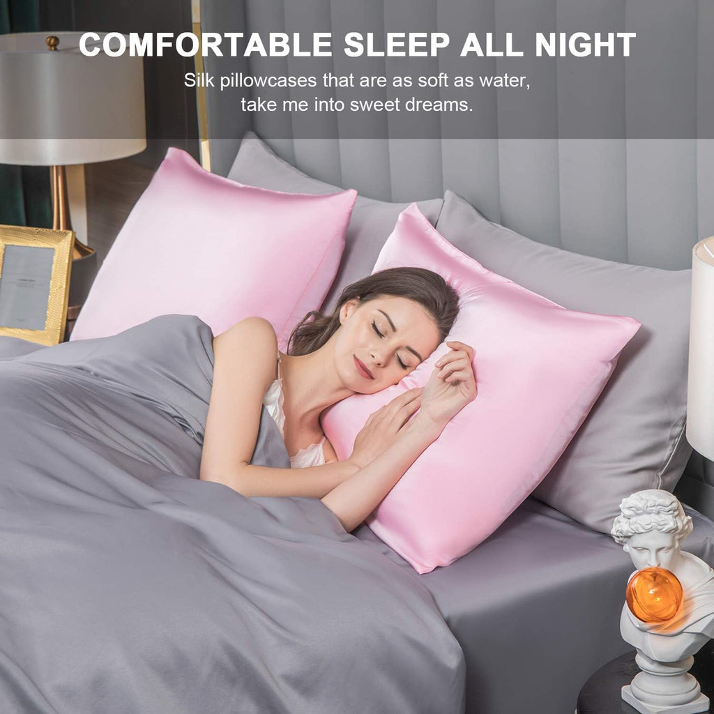 Mulberry Silk Pillowcase for Hair and Skin,Standard Size Cooling Silk Pillow Case with Hidden Zipper,Allergen Proof Dual Sides Soft Breathable Smooth Silk Pillow Cover for Women(Queen,Pink)