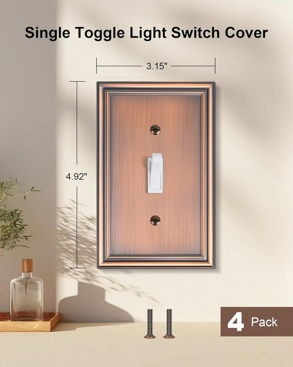 4-Pack Single Toggle Light Switch Cover Plate, Durable Solid Zinc Alloy Decorative Switch Plate Covers, Antique Copper 1 Gang Wall Plate, Corrosion Resistant