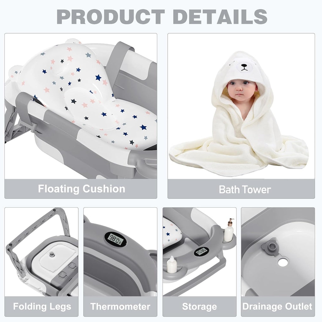 MoreFeel Collapsible Baby Bathtub for Newborn with Thermometer & 1 Hooded Towel & 1 Soft Floating Cushion,Portable Travel Bathtub with Drain Hole, Durable Foldable Baby Tubs for Infants to Toddler