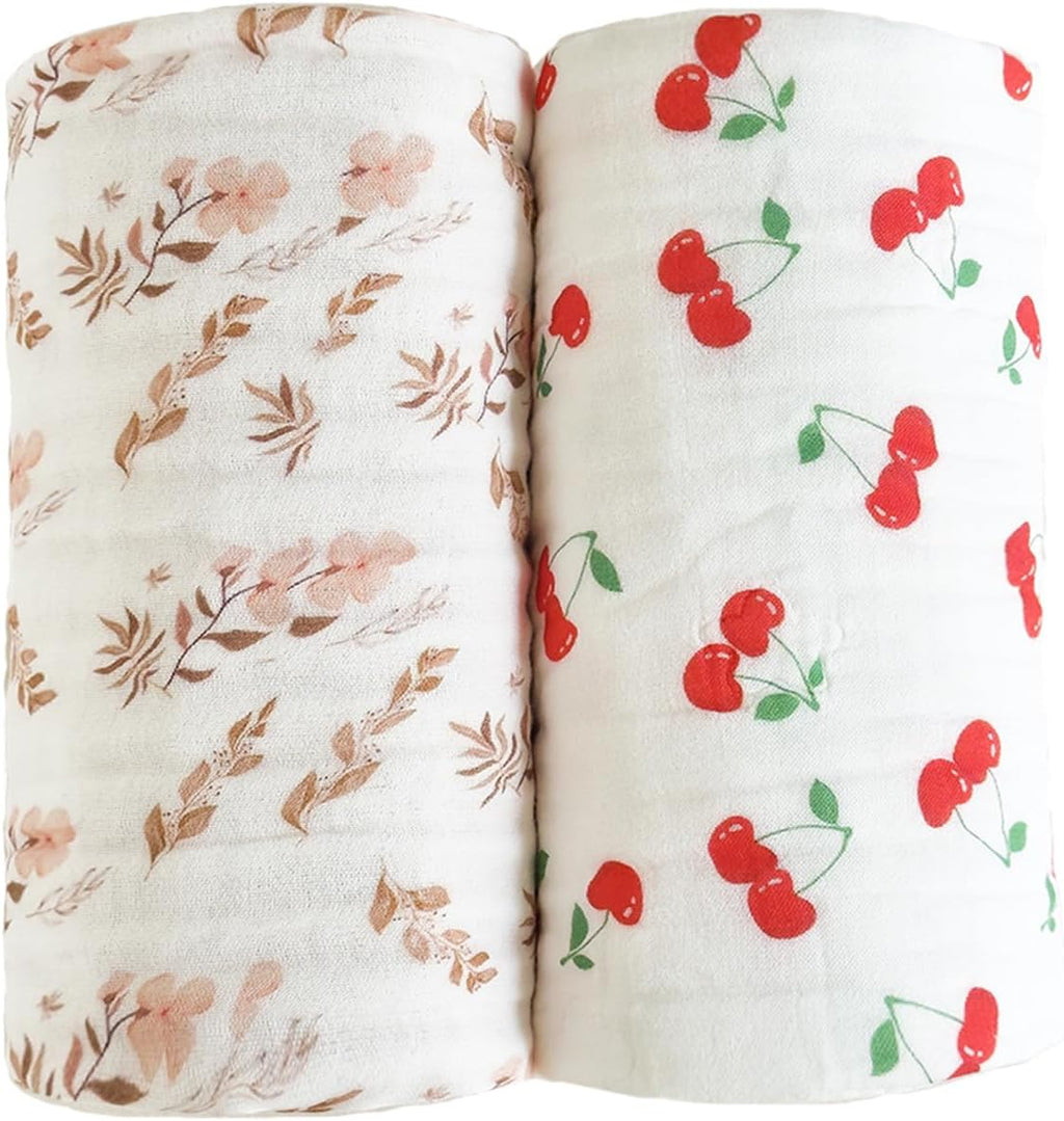 Pack of 2 Ultra Soft Muslin Baby Blankets for Girls Boys Breathable Lightweight Cotton Muslin Swaddle Blankets for Infant Toddler, Newborn Nursery Swaddling Wrap 43"X43" (Floral and Cherry)
