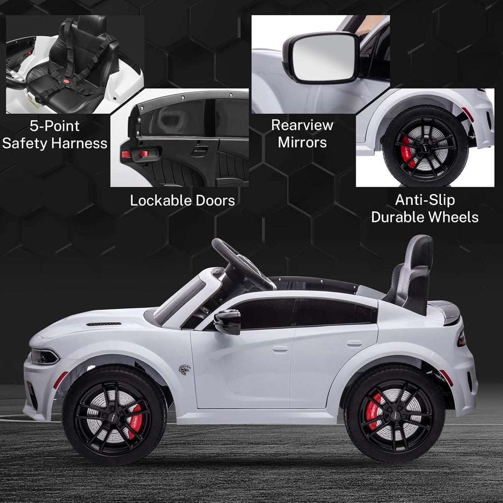 12V 7Ah Kids Electric Ride on Car, Licensed Dodge Charger SRT Hellcat, Battery Powered 4-Wheels Toy Car Electric Vehicle for Kids with Remote Control, 3 Speeds, LED Lights, Music (White)