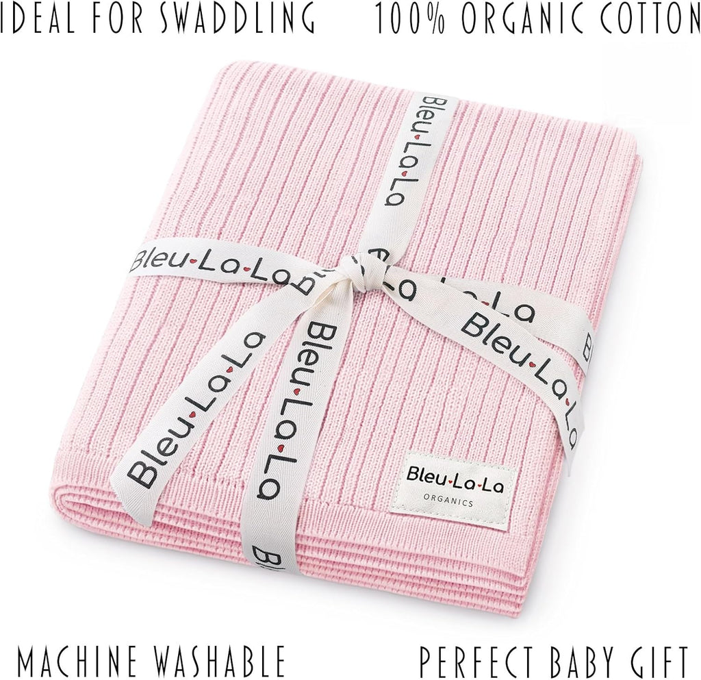 Organic Ribbed Swaddle Blanket for Boys & Girls - 100% Luxury Organic Soft Cotton Knit Warm Cozy Cuddle Stroller Crib Blanket for Newborns, Infants, & Toddlers (Bubblegum)