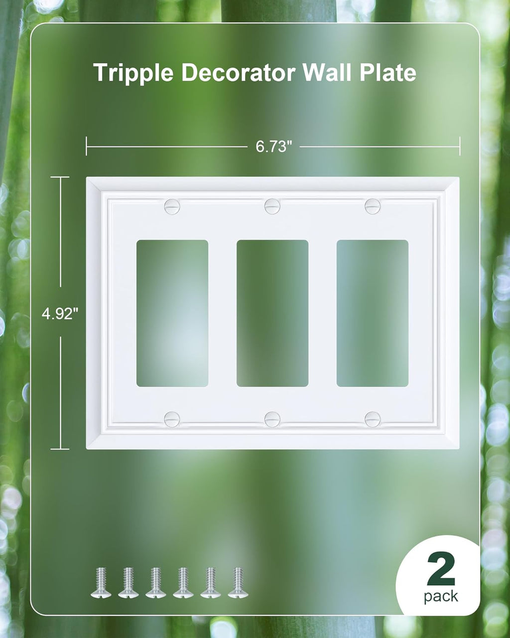 2-Pack Decorative Tripple Decorator Outlet Cover Plate, Durable Natural Bamboo Fiber Pure White Wall Plates for Electrical Outlets, Receptacle, GFCI Outlet, Dimmer Switch, 3-Gang, Corrosion Resistant